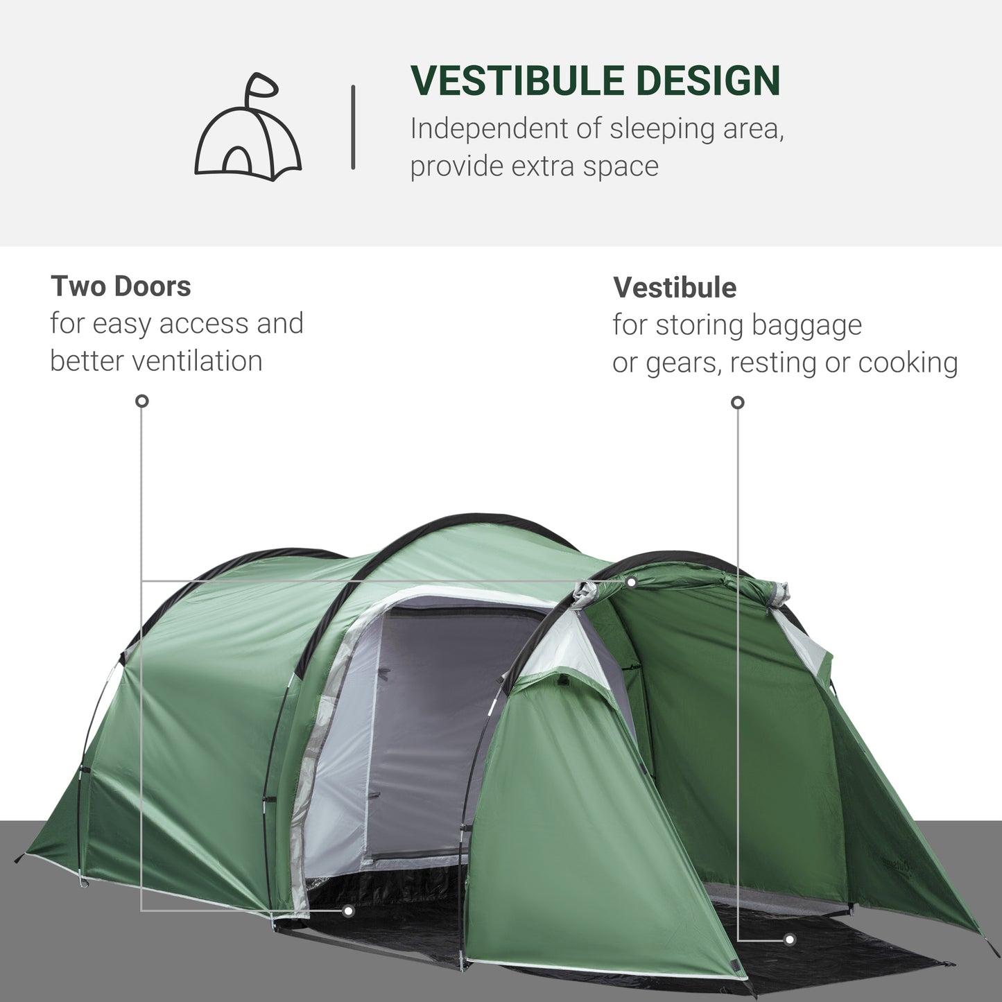Outsunny Pop Up Camping Tent with Vestibule Waterproof Tent for 2-3 Person, Dark Green