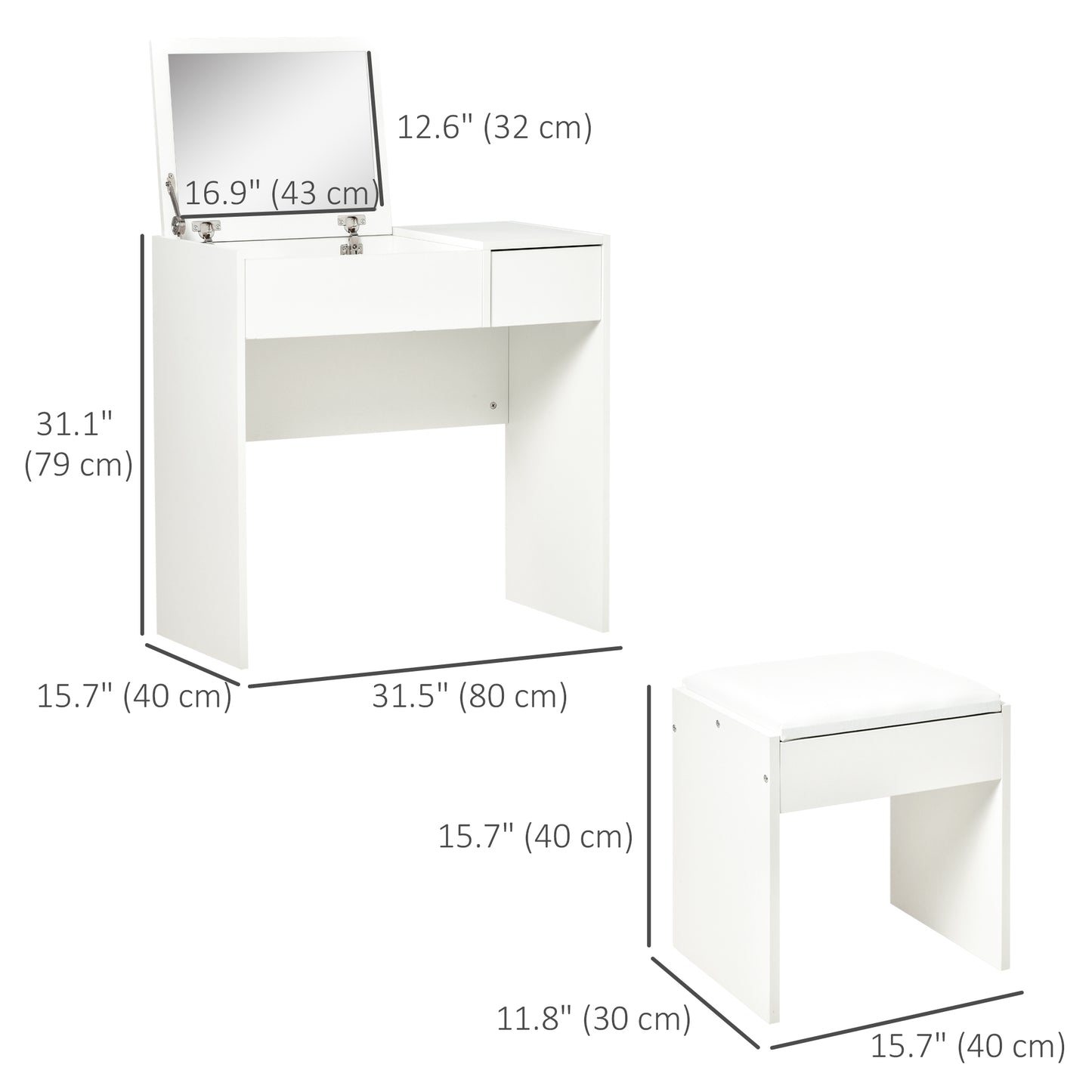 HOMCOM Modern Vanity Set with Flip Top Mirror and Cushioned Stool, Dressing Table with Storage Drawer for Bedroom, White