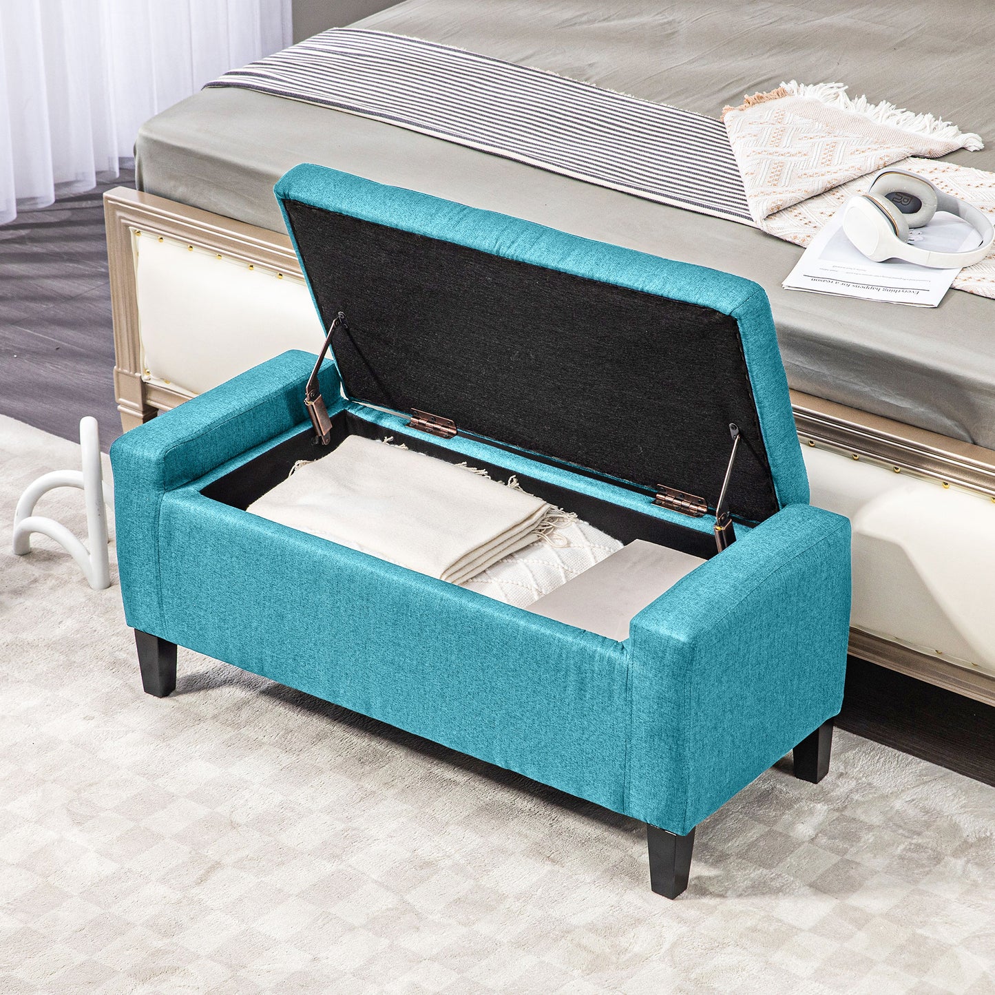 HOMCOM Storage Ottoman Bench Linen-Touch Fabric Tufted Chest Footstool with Flipping Top, Beige