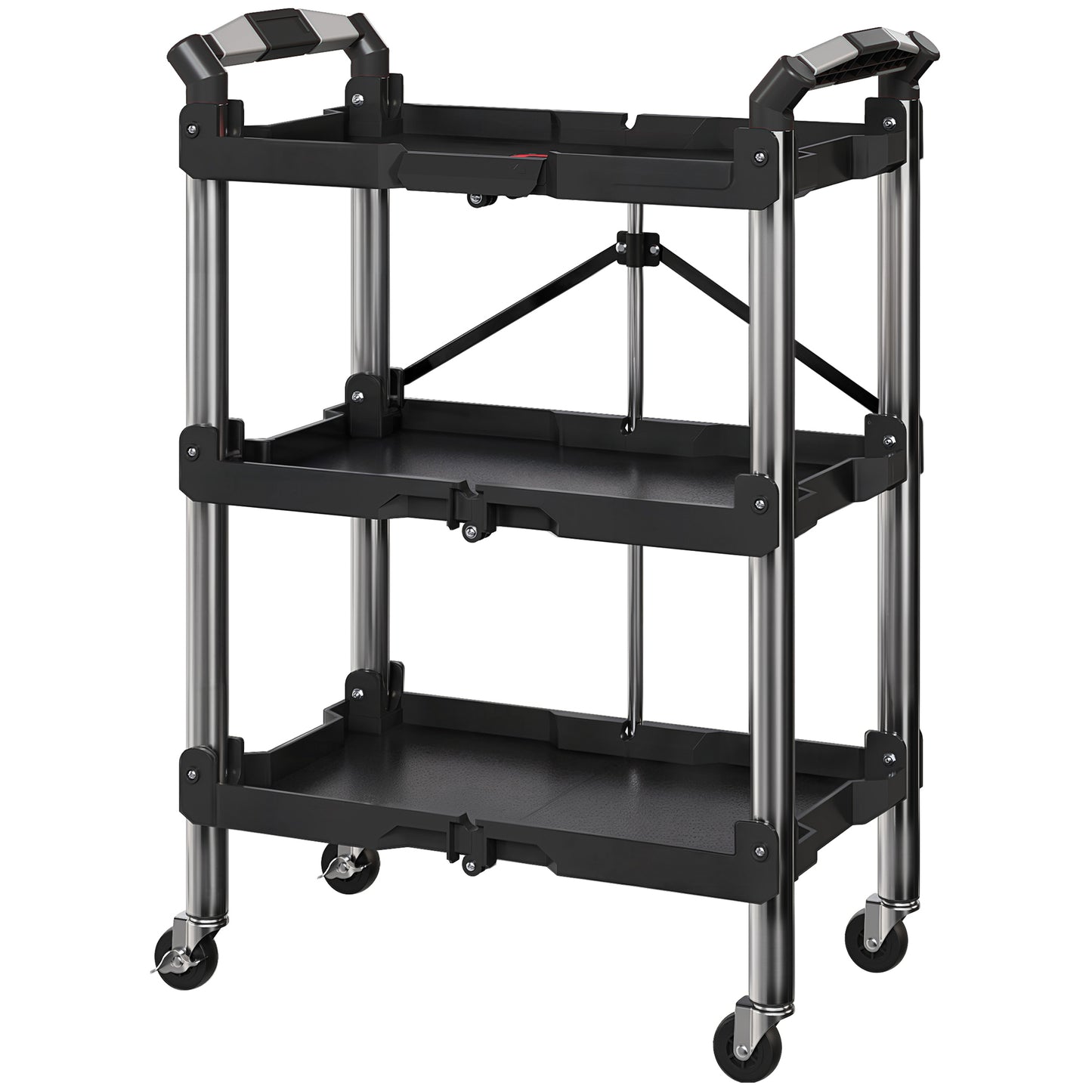 HOMCOM 3-Tier Collapsible Tool Cart with Wheels, 150 LBS Capacity Folding Utility Cart with Handles for Garage Workshop, Black