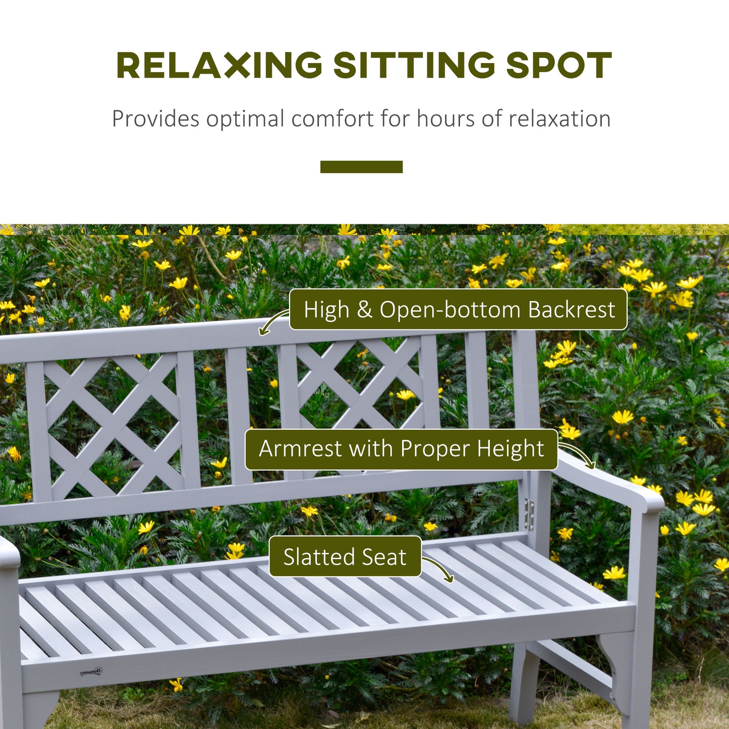 Outsunny Foldable Garden Bench, 2-Seater Patio Wooden Bench, Loveseat Chair with Backrest and Armrest for Patio, Porch or Balcony, Grey