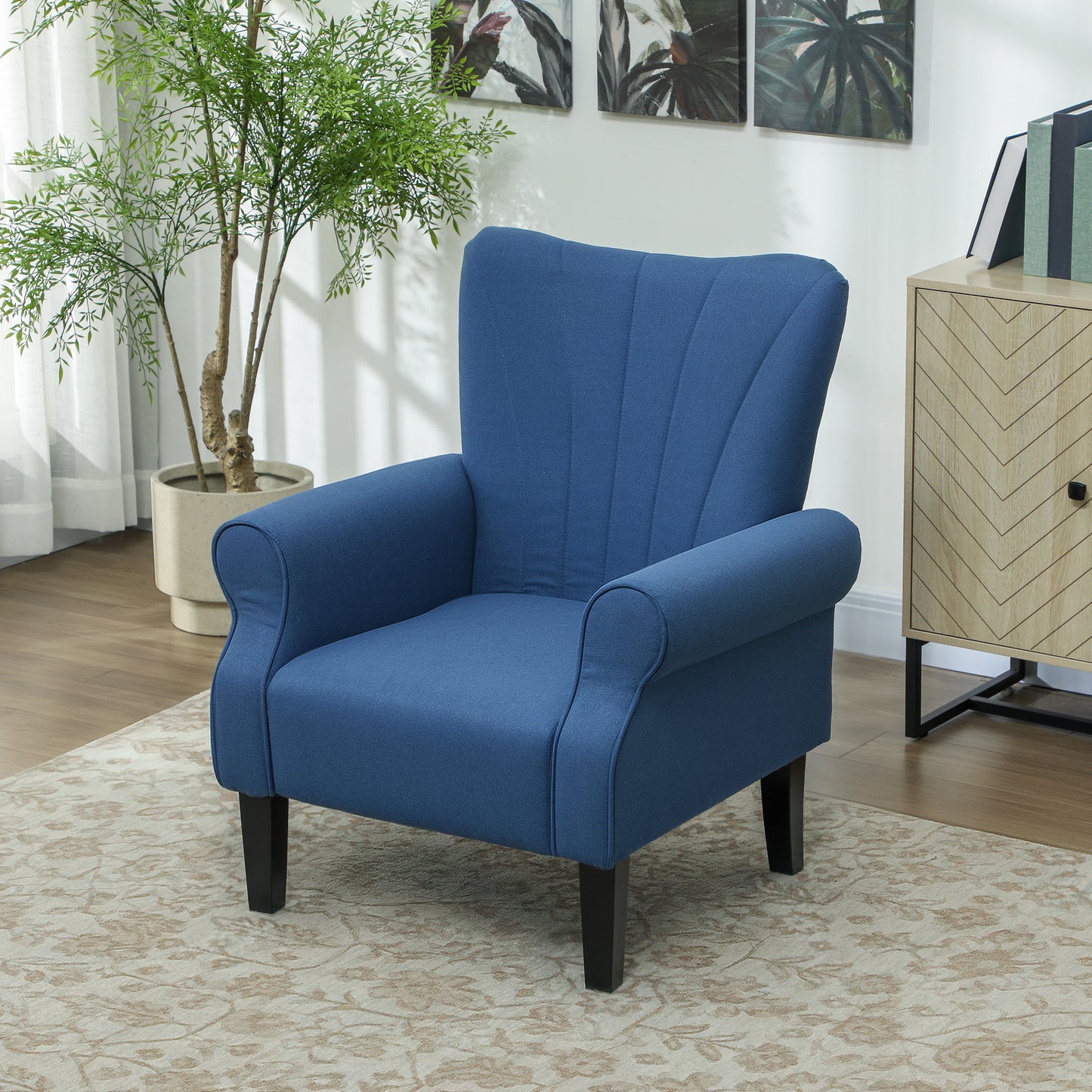 HOMCOM Fabric Armchair, Modern Accent Chair with Wood Legs for Living Room, Bedroom, Home Office, Dark Blue