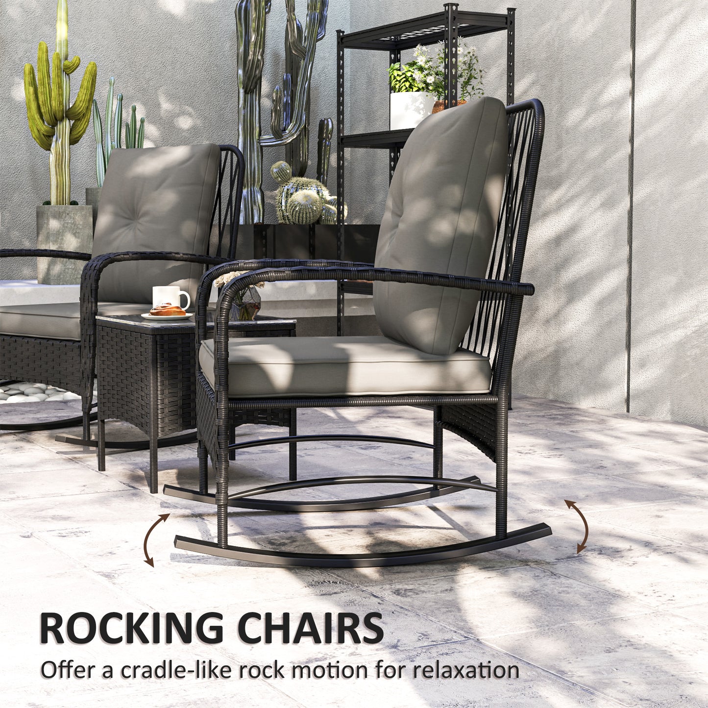 Outsunny 3 Pieces Rattan Bistro Set, Wicker Patio Furniture with Rocking Chairs, Thick Cushions for Porch Balcony, Grey