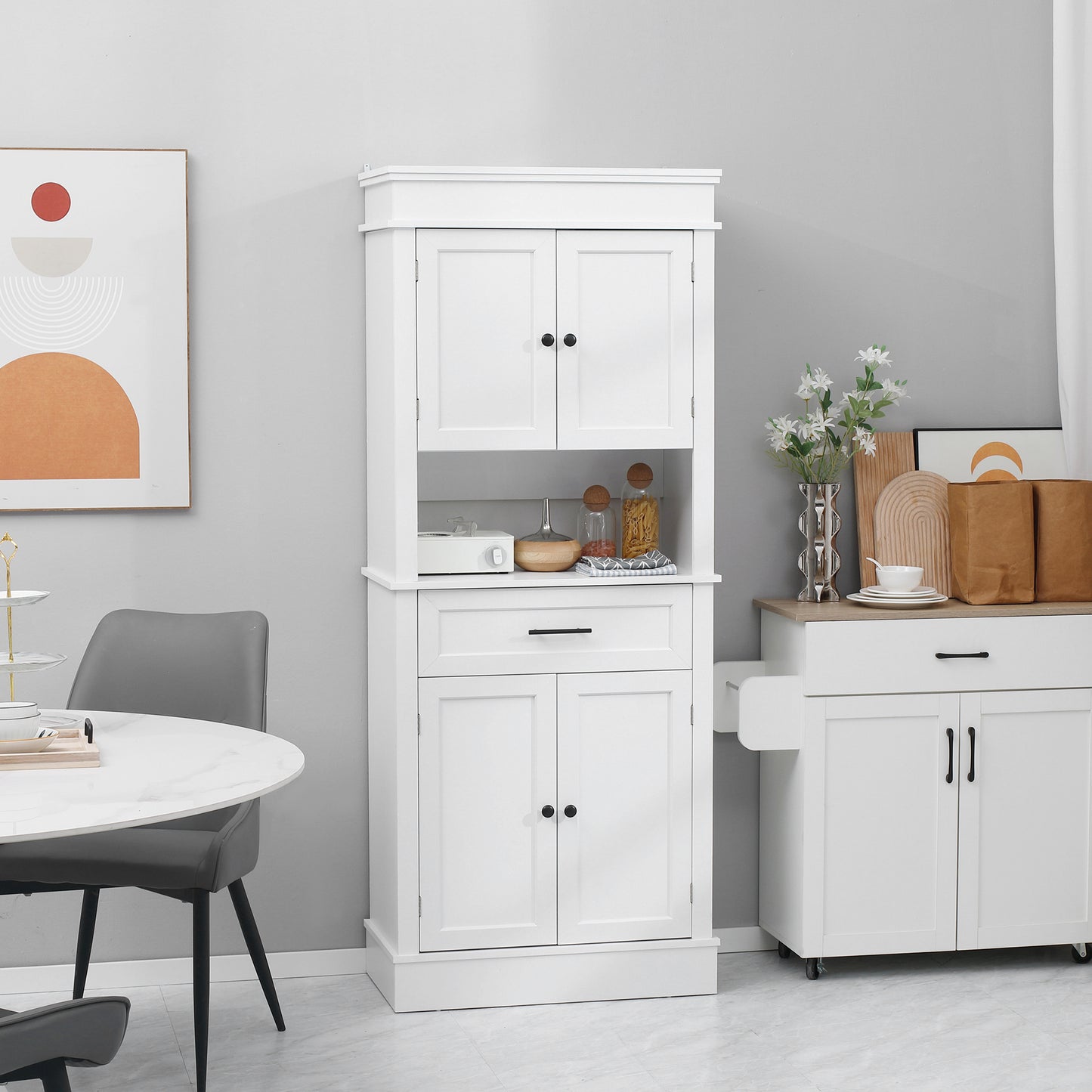 HOMCOM Modern Freestanding Kitchen Pantry Cabinet Cupboard with Doors Open Shelves Adjustable Shelving Microwave Space, White