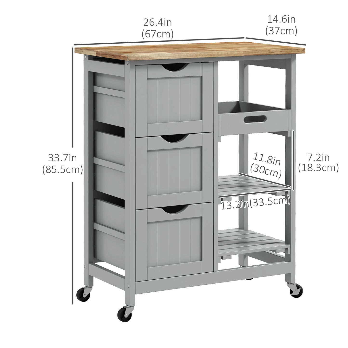 HOMCOM Kitchen Cart on Wheels, Rolling Kitchen Island Cart with Wood Top, 3 Drawers and Shelves for Home Dining Area