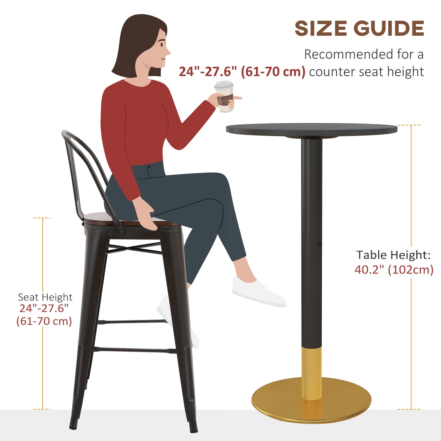 HOMCOM High Top Bar Table, Modern Round Dining Table with Faux-marbled Top and Gold Base, Bistro Table for 2 People, Black