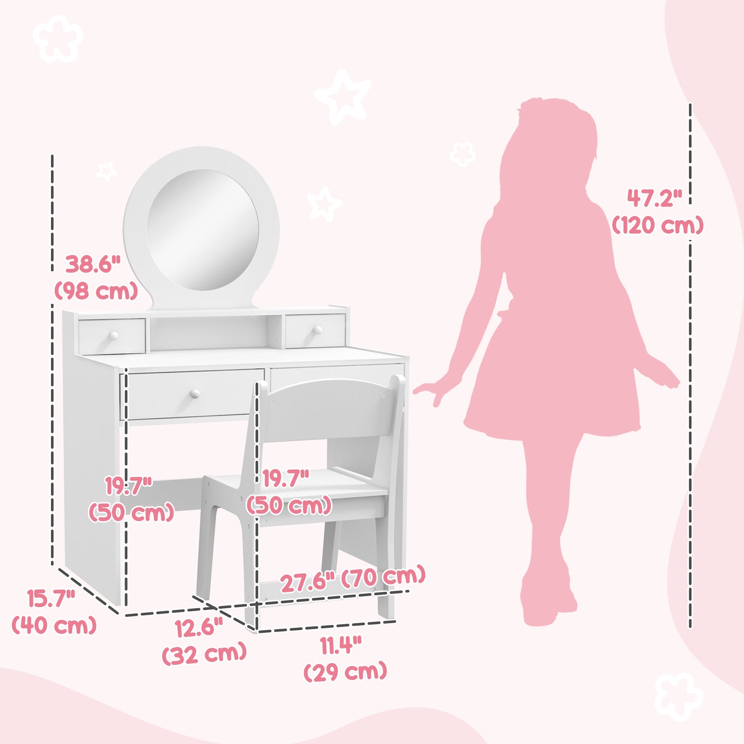 Qaba Kids Vanity Set, Dual-Use Dressing Table with Removable Tri-Folding Mirror and Drawer, for Ages 3-8, Pink