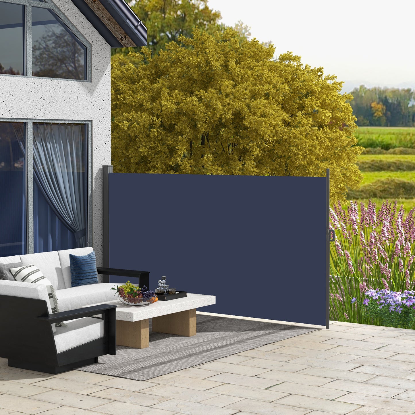 Outsunny 118" x 79" Outdoor Folding Privacy Screen Retractable Side Awning Patio with Resistance to UV Rays and Wind Dark Blue