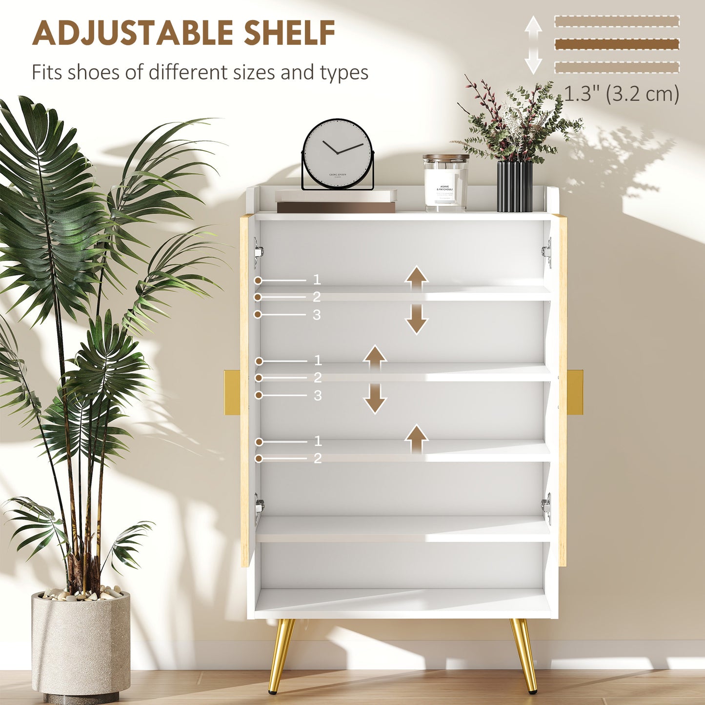 HOMCOM Entryway Shoe Storage Cabinet, Narrow Shoe Cabinet with Adjustable Shelves and Open Shelf for 15 Pairs of Shoes, Grey