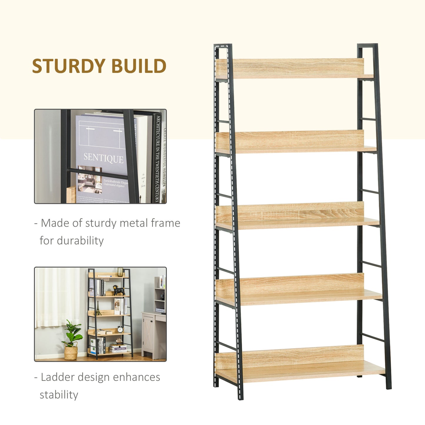 HOMCOM Modern Bookshelf Storage with 5-Tier Wide Shelving, Metal Frame, Wooden Bookcase for Living Room Library Home Furniture, Black