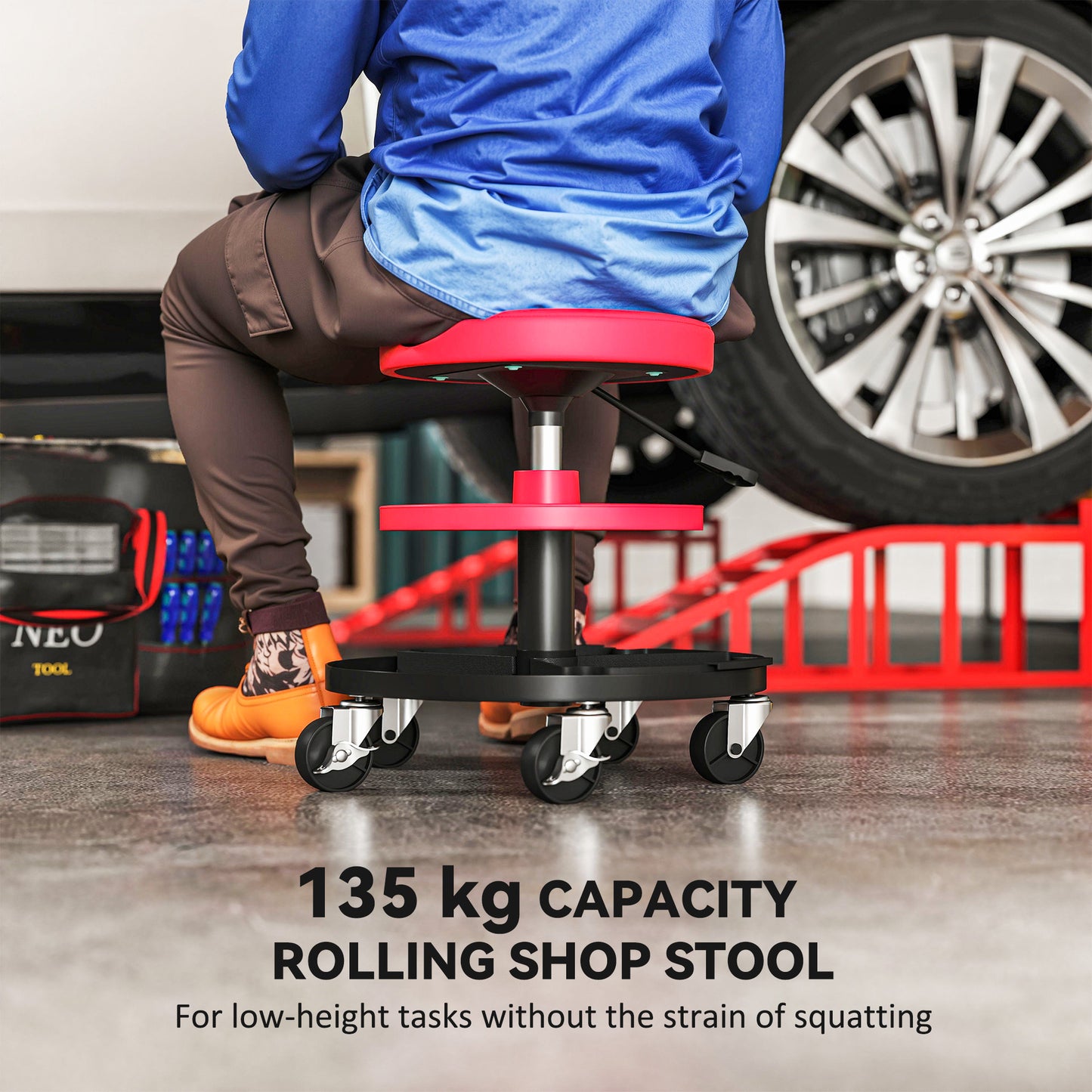 HOMCOM Rolling Garage Stool, 300 LBS Capacity Padded Mechanic Stool with 2.5" Wheels, Adjustable Height 15" -19.7", Red