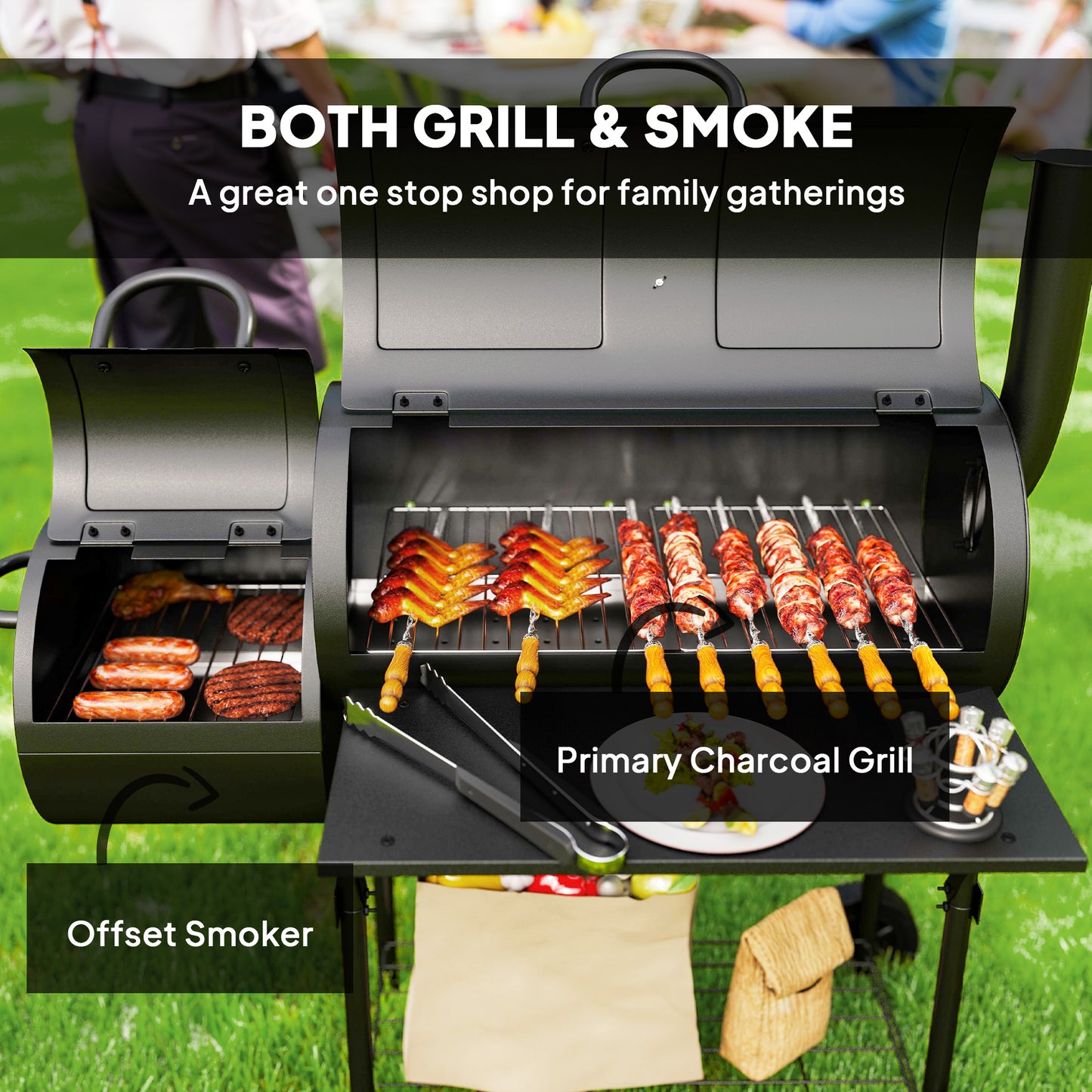 Outsunny Portable Outdoor Charcoal BBQ Grill with Offset Smoker, Barbecue Grill with Spacious Cooking Area, 2 Shelves, Thermometer, Wheels for Patio Backyard Party, Black