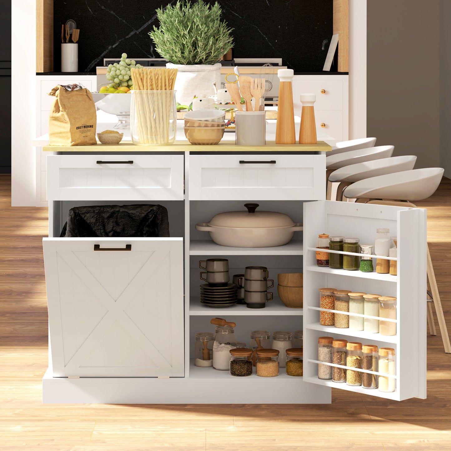 HOMCOM 10 Gallon Hidden Garbage Bin Cabinet, Tilt Out Trash Cabinet w/ 2 Drawers, Freestanding Kitchen Island, Black