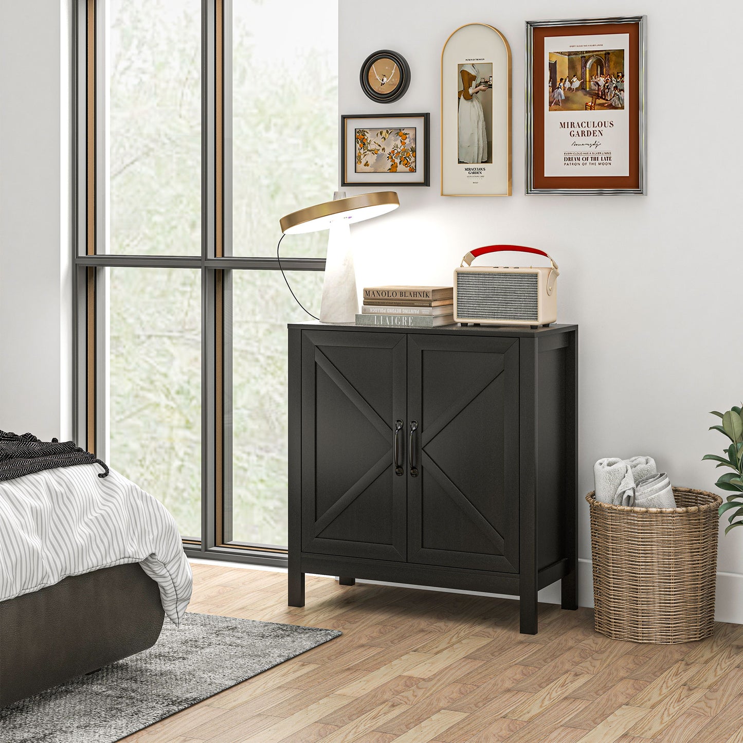 HOMCOM Sideboard Buffet, Kitchen Storage Cabinet with Barn Door and Adjustable Shelves, Storage Pantry, White Wood Grain