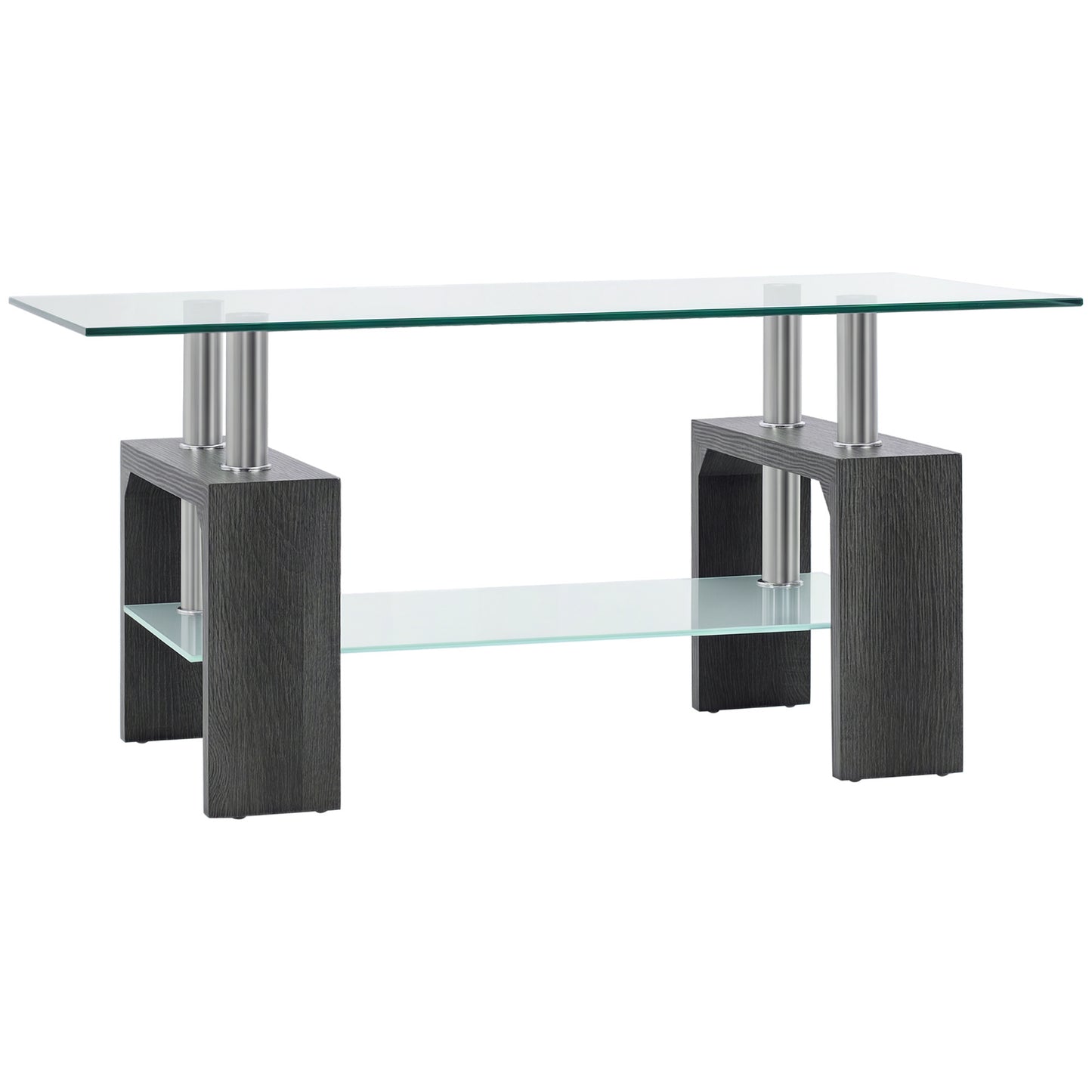 HOMCOM Rectangle Glass Coffee Table, 2-Tier Center Table with Tempered Glass Top and Storage Shelf for Living Room, Grey