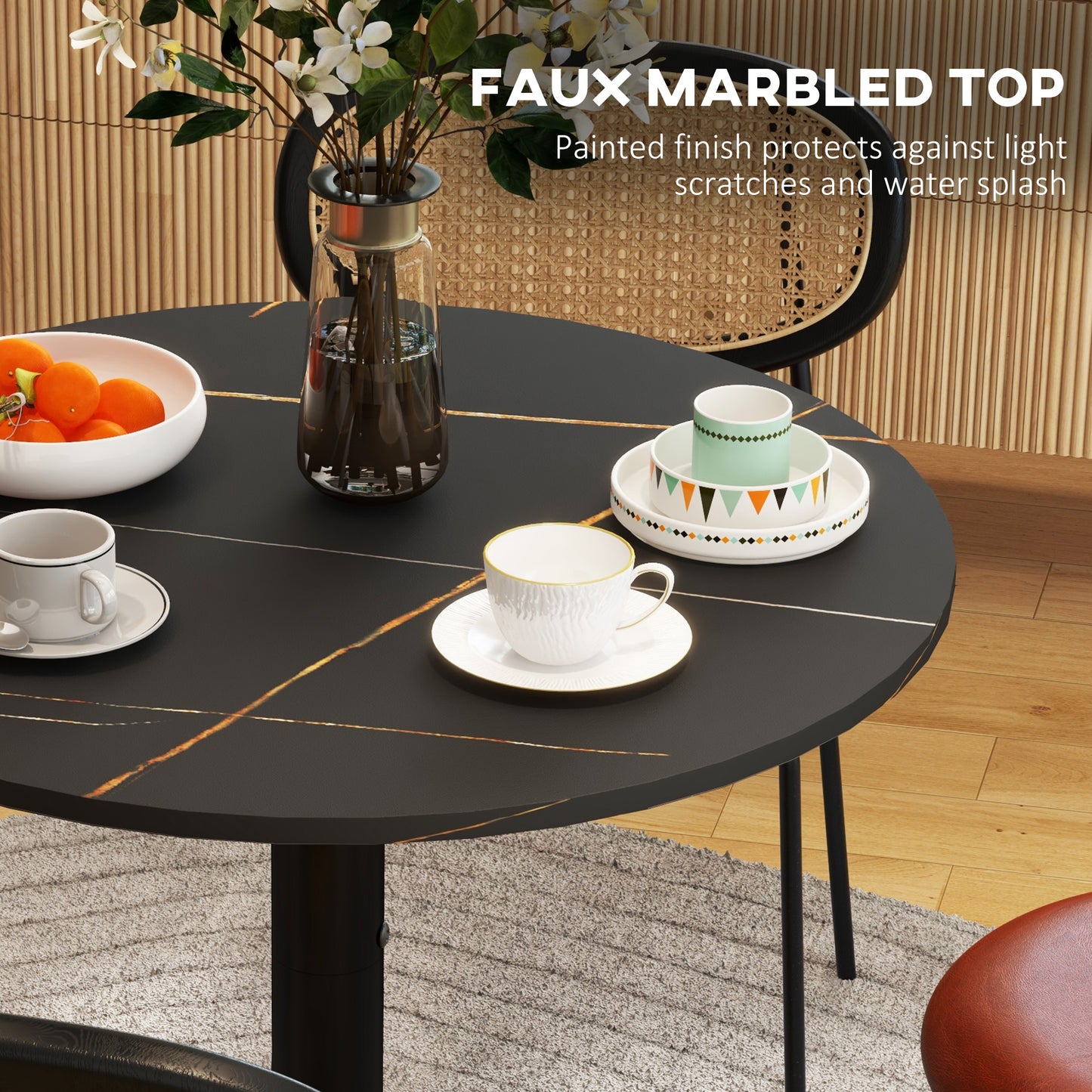 HOMCOM Round Dining Table, Modern Dining Room Table with Faux Marble Top, Steel Base, Space Saving Small Kitchen Table, Black