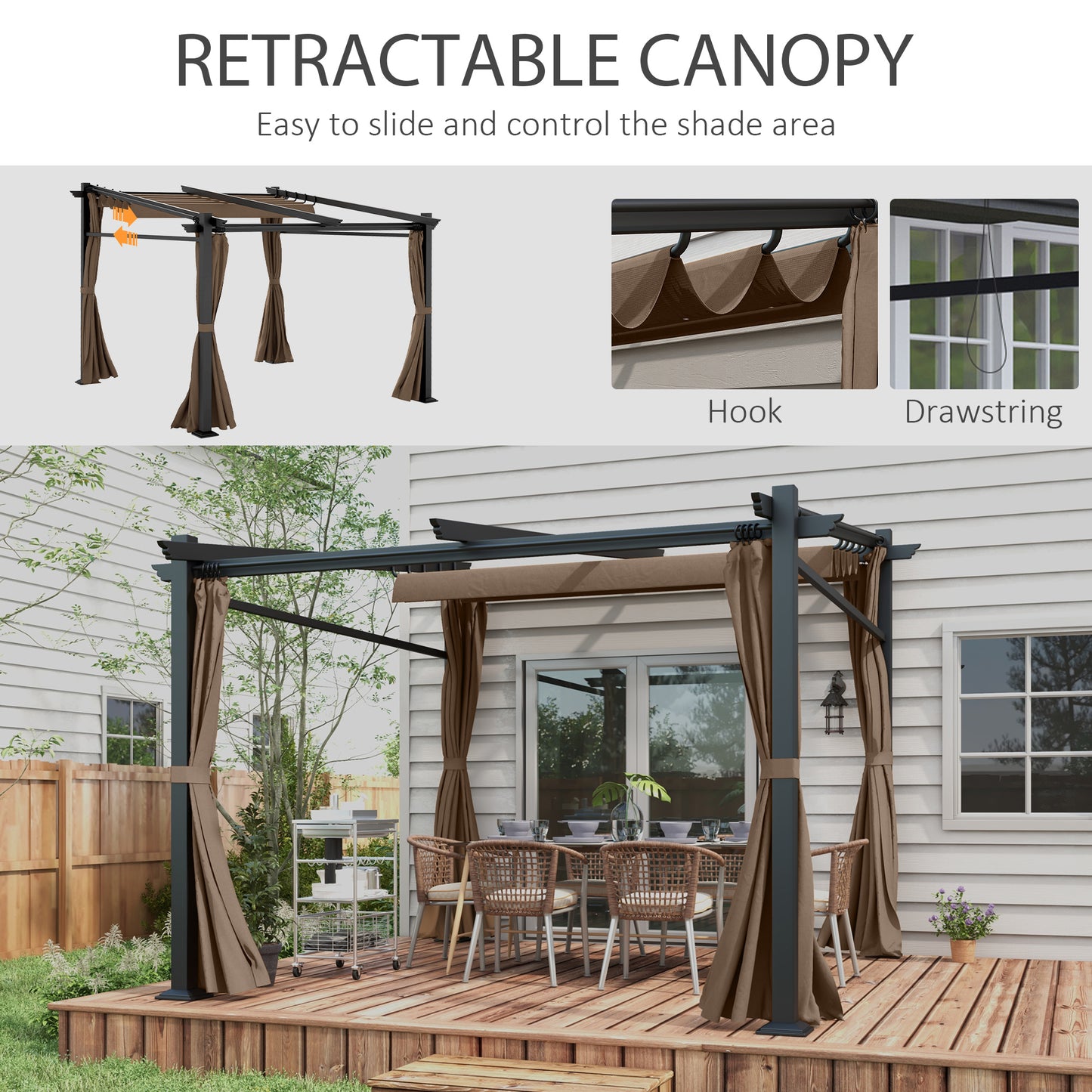 Outsunny Metal Pergola with Sliding Roof Canopy, Retractable Pergola Canopy, 10' x 10', Dark Grey