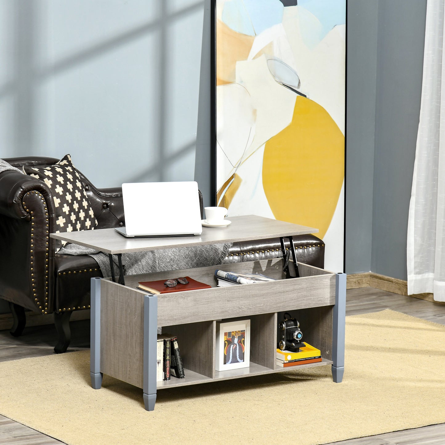 HOMCOM Lift Top Coffee Table with Hidden Storage Compartment and 3 Lower Shelves, Pop-Up Center Table for Living Room, Espresso