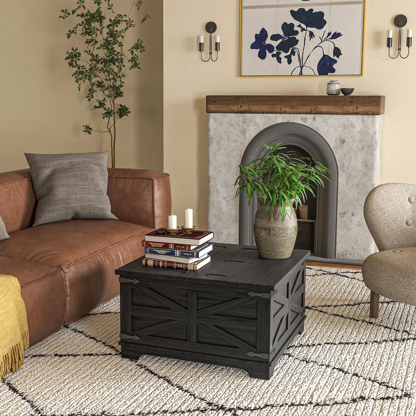 HOMCOM Farmhouse Coffee Table, Square Center Table with Flip-top Lids, Hidden Storage Compartment, Black