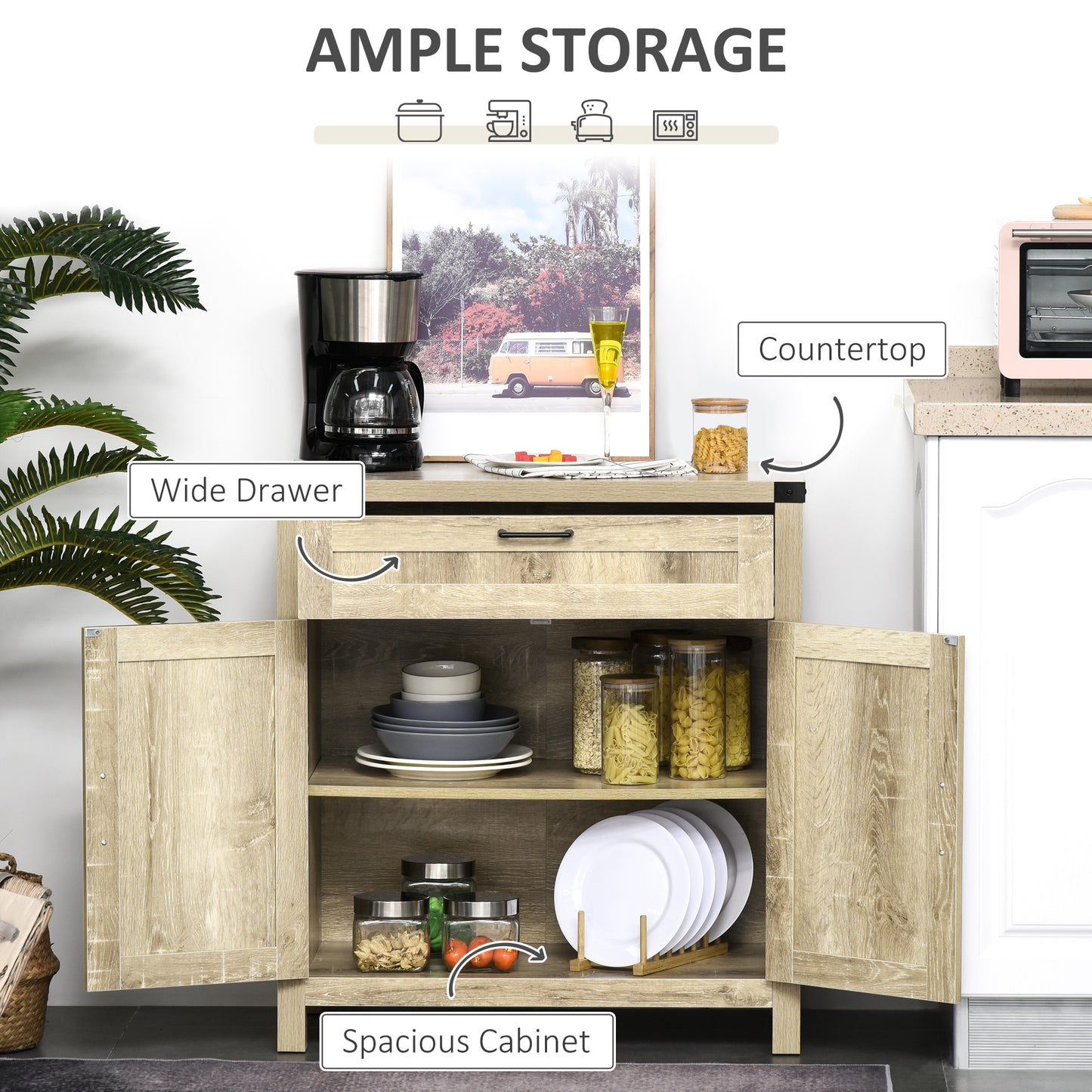 HOMCOM Farmhouse Kitchen Storage Cabinet, Sideboard Buffet Cabinet with 2 Rustic Barn Doors and Drawer, Oak