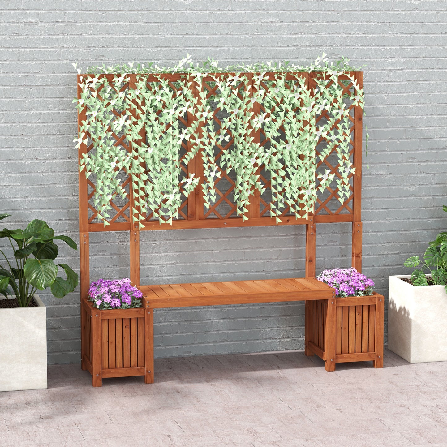 Outsunny Wood Outdoor Bench with Trellis for Climbing Plants and 2 Planter Boxes Garden Planter with Bench Privacy Panel Brown
