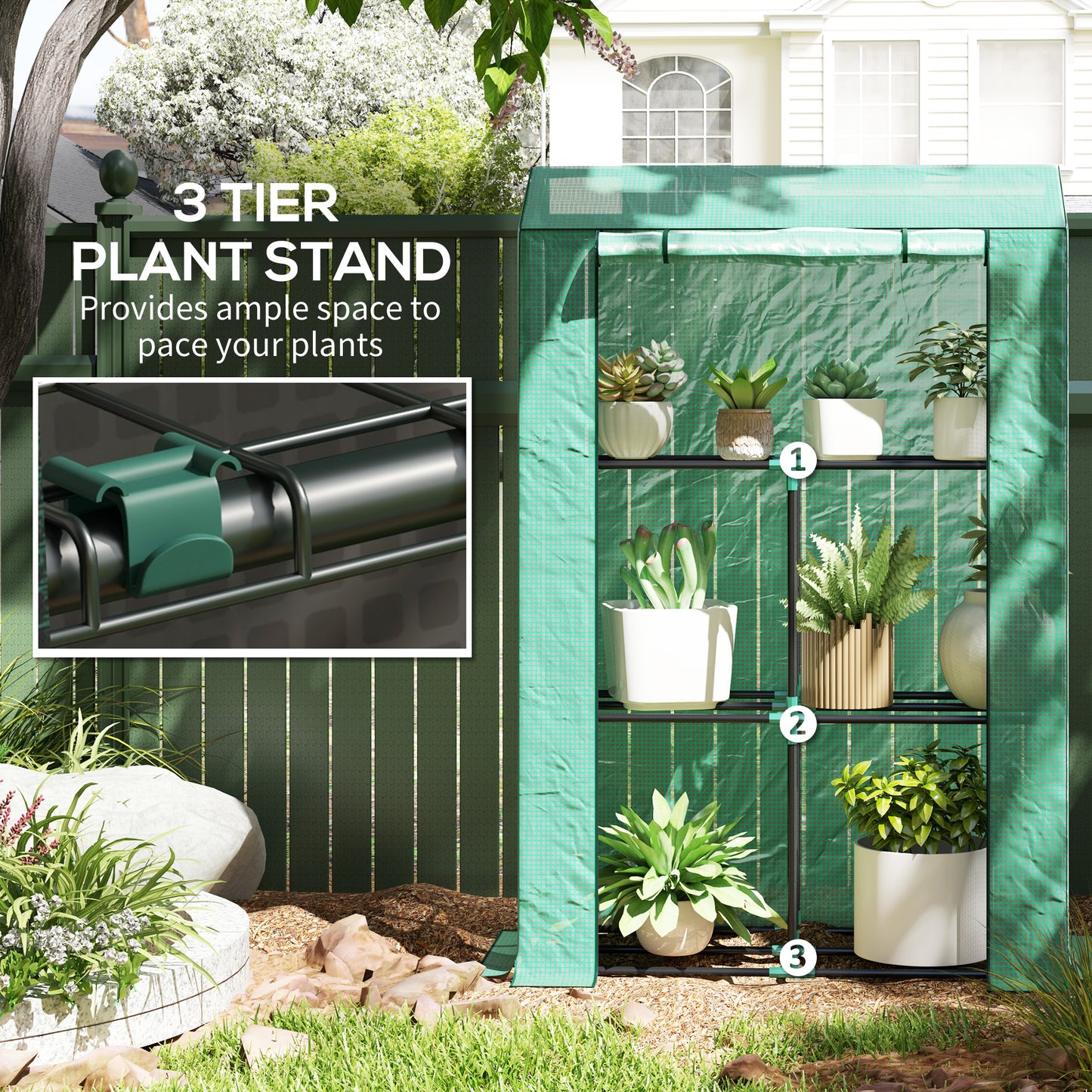 Outsunny Mini Greenhouse with 3 Tier Shelves, 3 Roll-Up Doors for Indoor Outdoor, Green