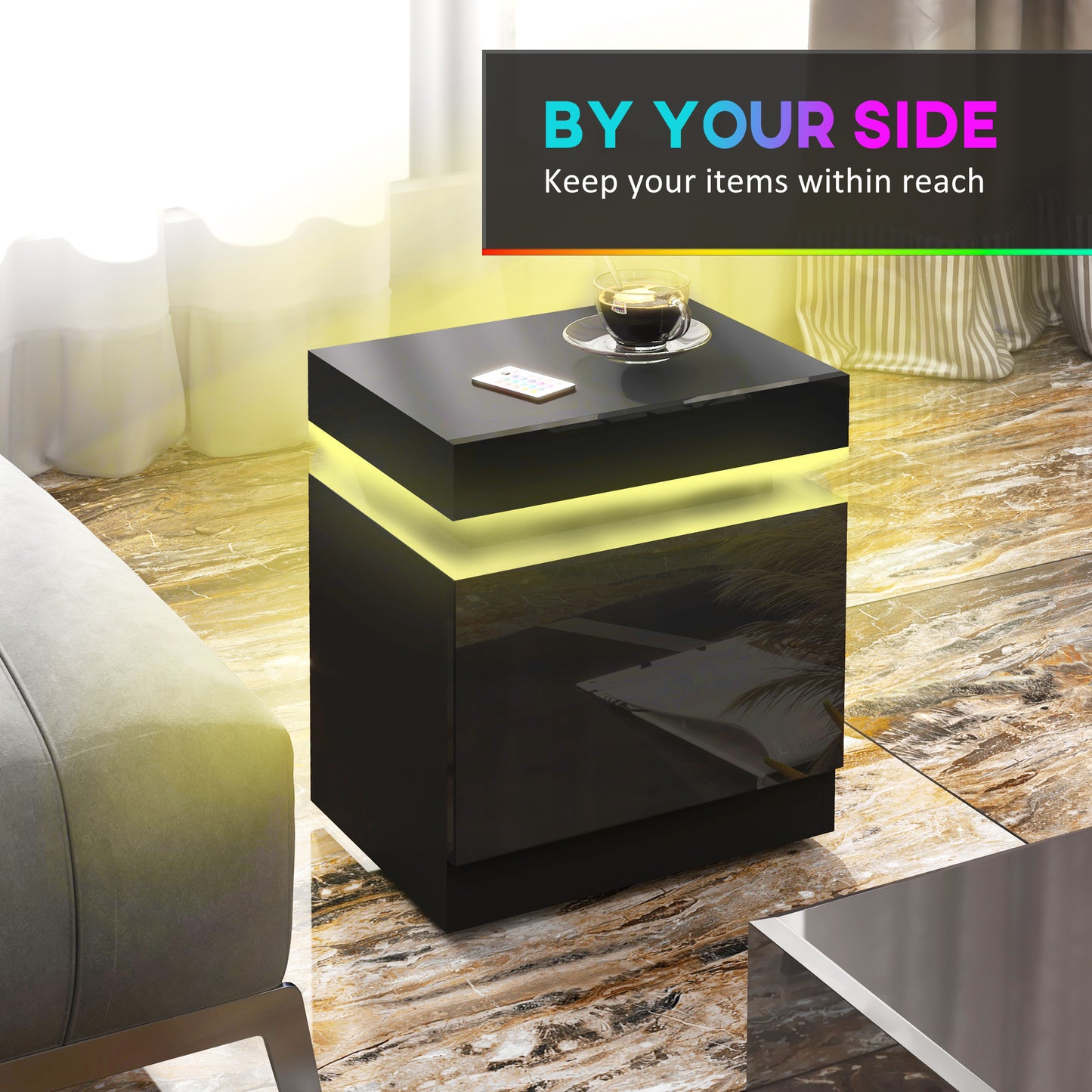 HOMCOM Nightstand, Bedside Table with LED Lights and 2 Drawers for Bedroom, Living Room, White
