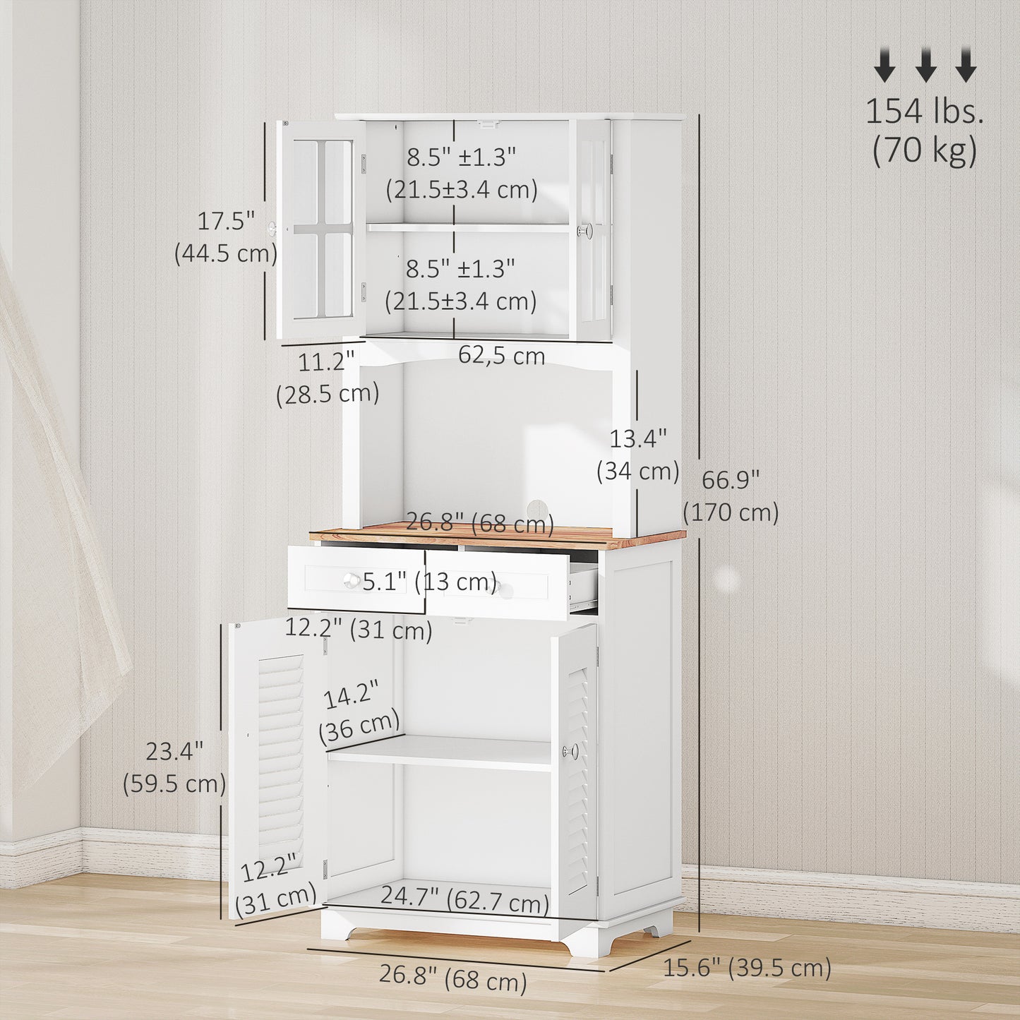 HOMCOM Coastal Style Kitchen Buffet and Hutch Wooden Storage Cupboard with Framed Glass Door LouveredCabinet Drawers Microwave Space for Dining Room Living Room White
