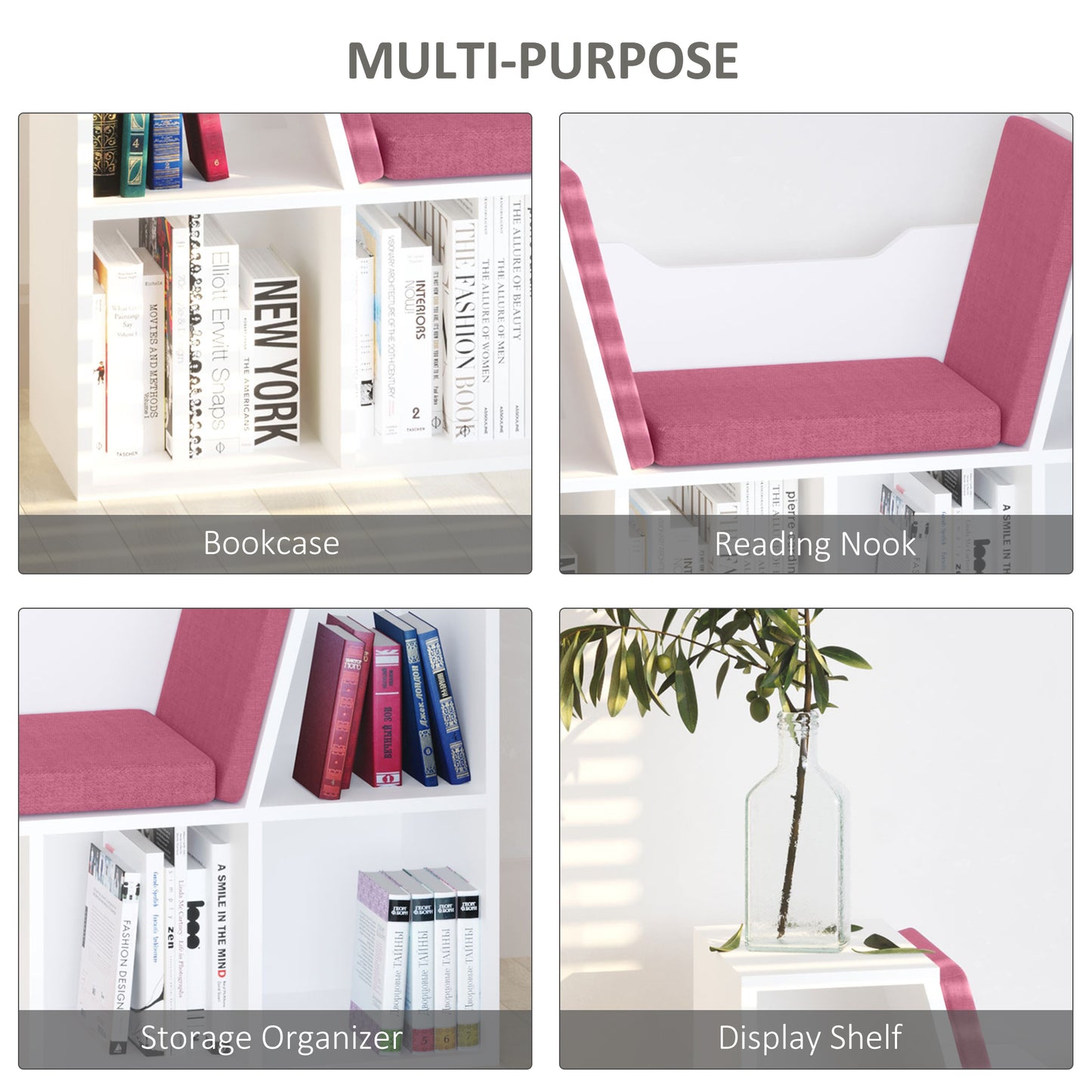 HOMCOM 6-Cubby Bookcase with Seat Cushion, Cube Storage Shelf with Reading Nook for Home Office, Study, Pink