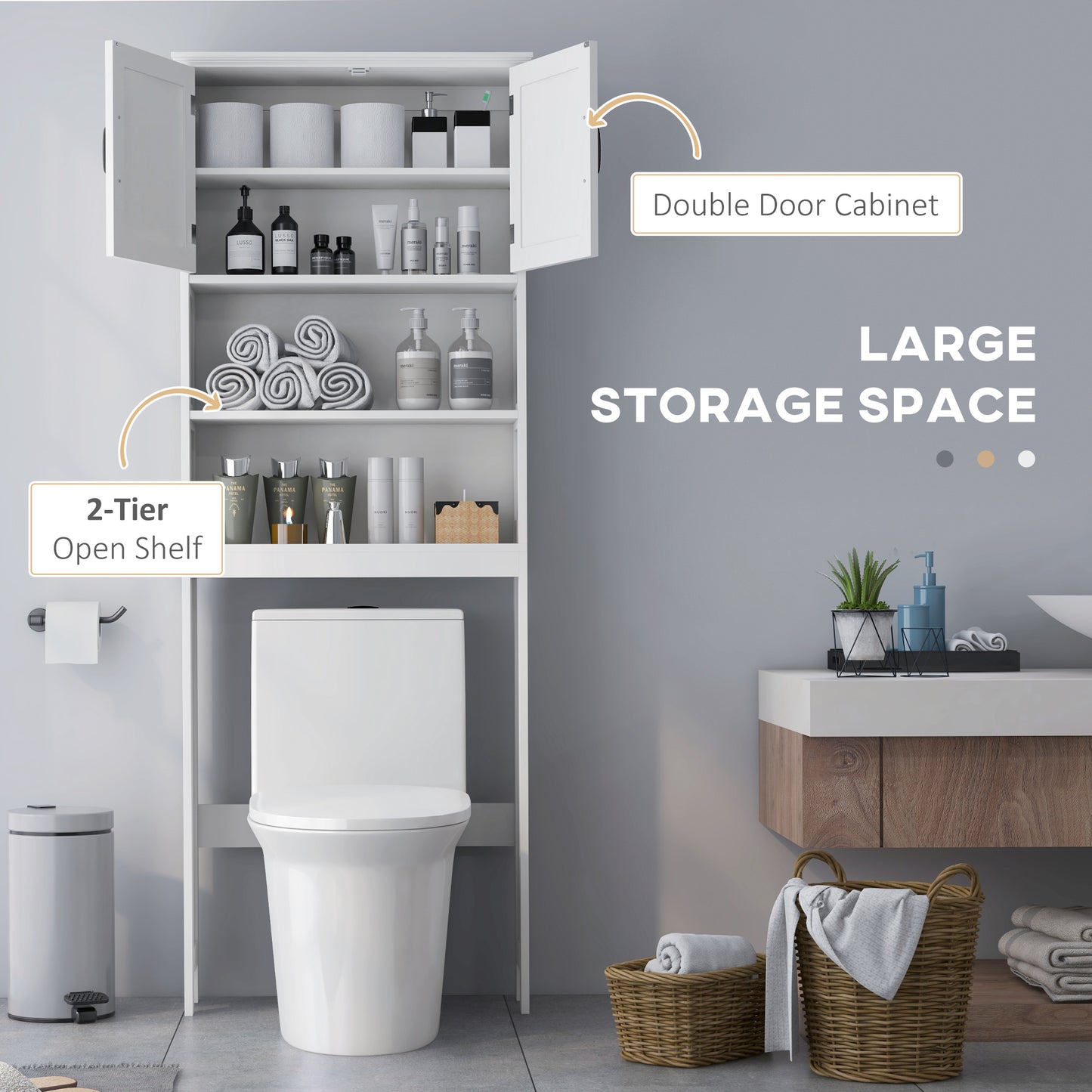 kleankin Modern Over The Toilet Storage, Bathroom Cabinets Over Toilet with Open Shelves and Double Door Cabinet, White