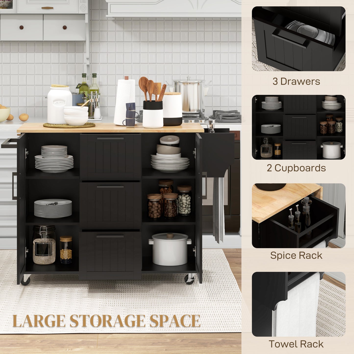 HOMCOM Rolling Kitchen Cart on Wheels with Drop Leaf, Kitchen Island with 3 Drawers, Solid Wood Top and Towel Rack, White