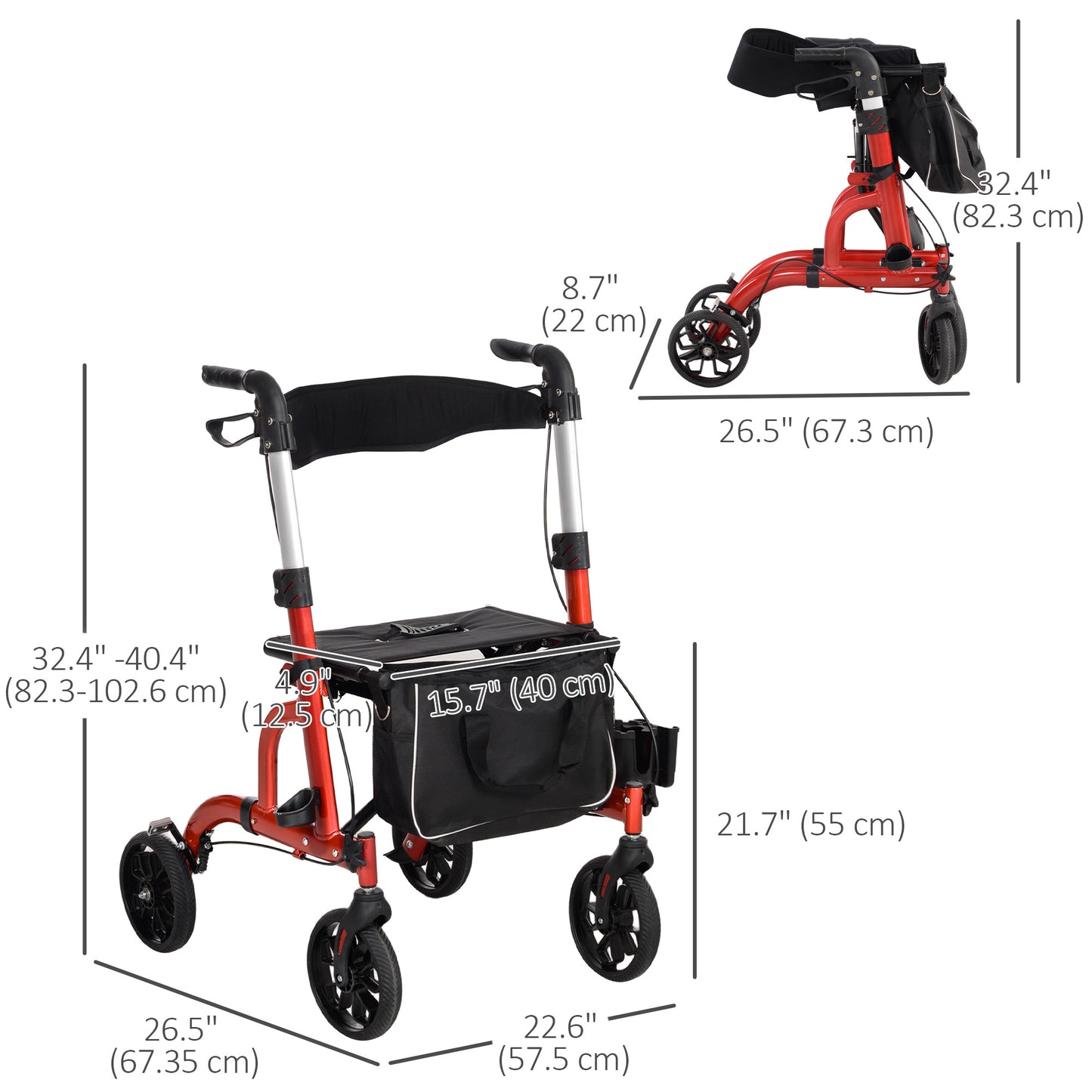 HOMCOM Rollator Walker for Seniors and Adults with 8'' Wheels, Padded Seat and Backrest, Storage Bag Blue
