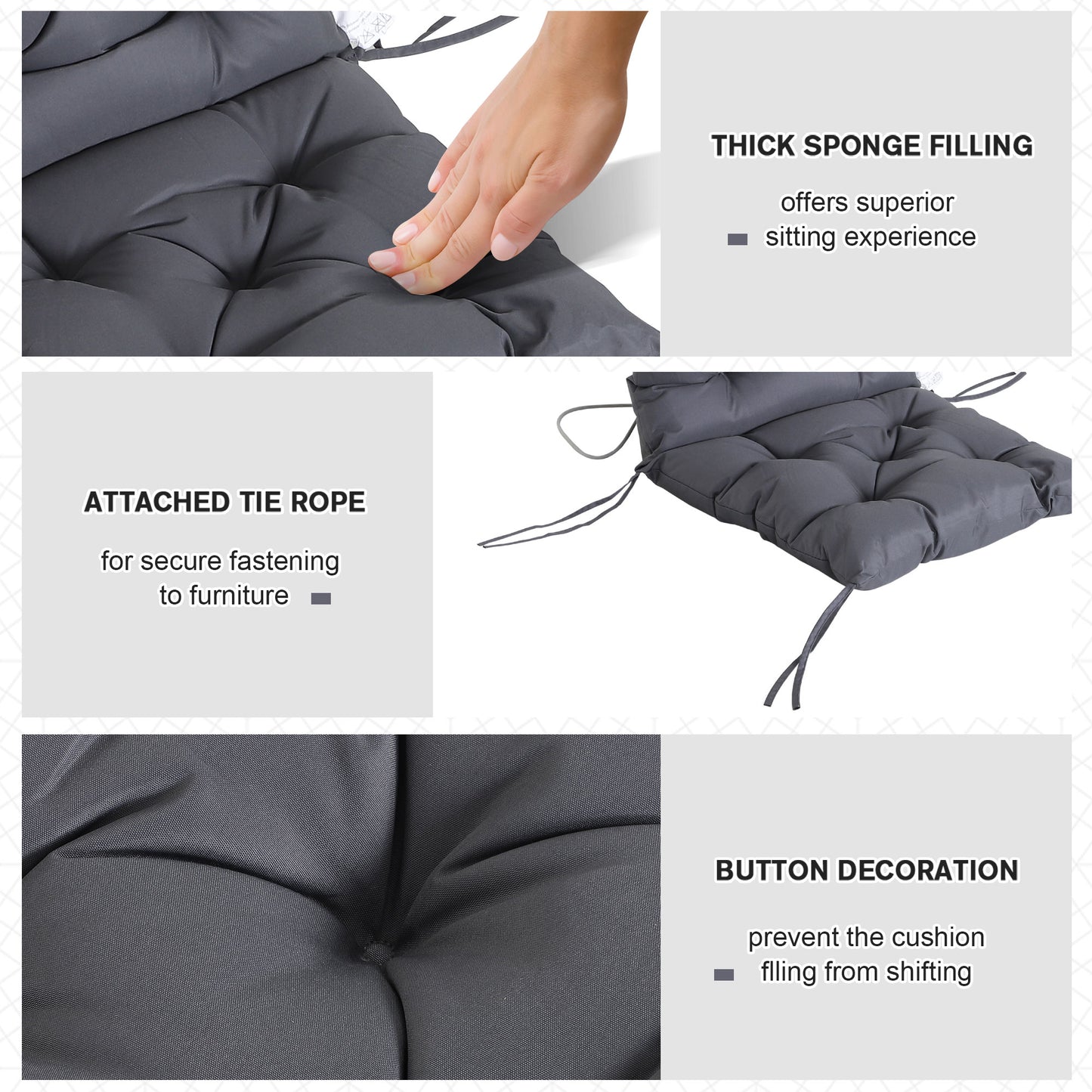 Outsunny Patio Chair Cushions Set of 2, 39" x 20" x 3" Outdoor Tufted Cushion Set with Ties for Indoor Outdoor Garden Furniture, Dark Grey