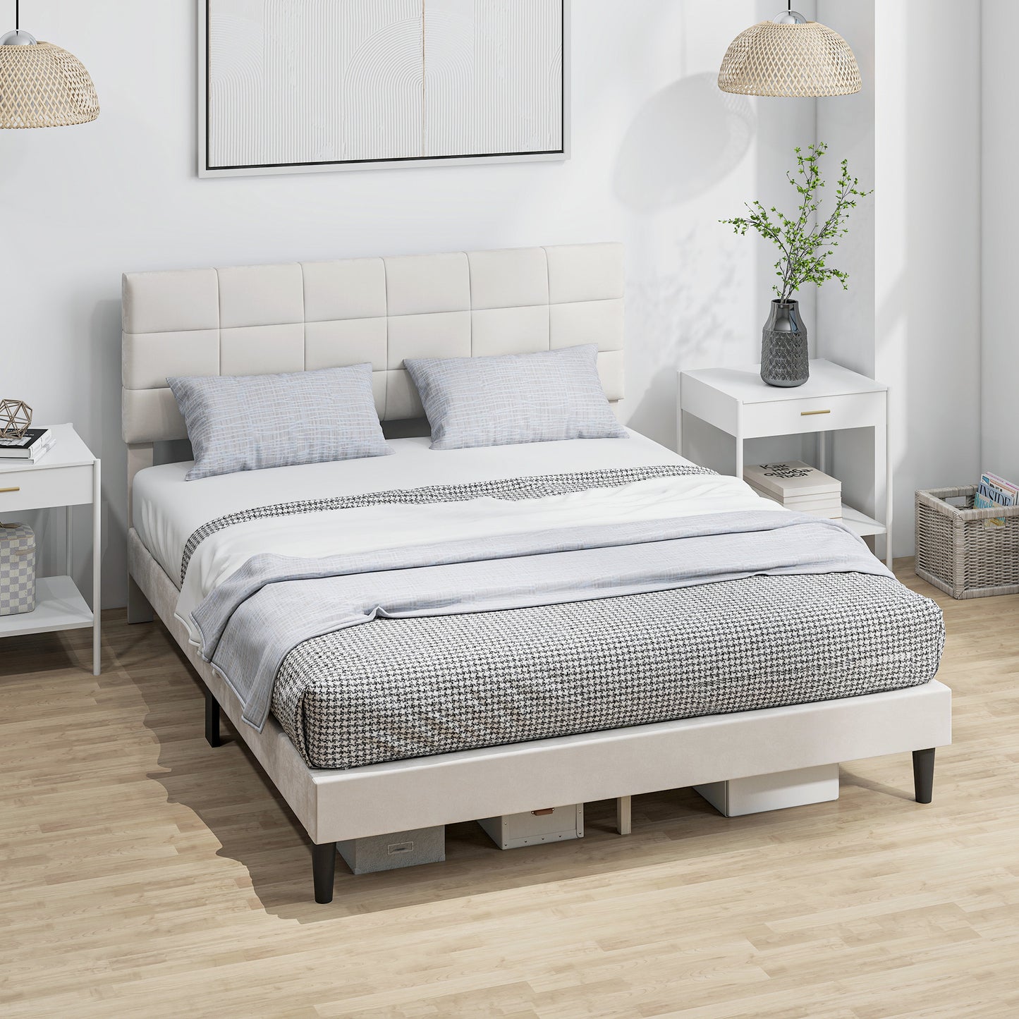 HOMCOM Queen Size Bed Frame with Upholstered Headboard, Modern Platform Bed Frame with Wood Slats, 1100 lbs Capacity, Cream
