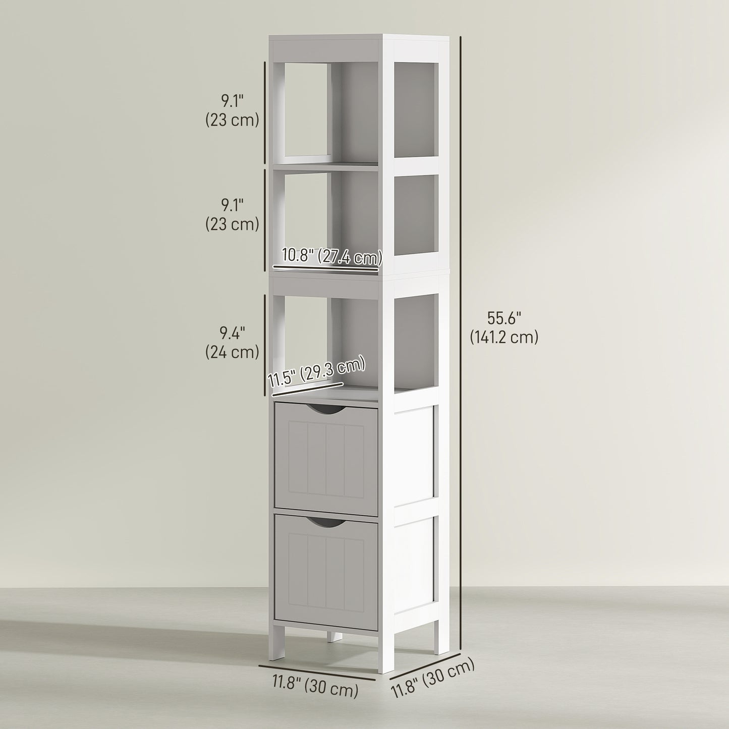 HOMCOM Narrow Bathroom Storage Cabinet, Bathroom Cabinet with 2 Drawers & 3 Open Shelves, Slim Bathroom Floor Cabinet, White