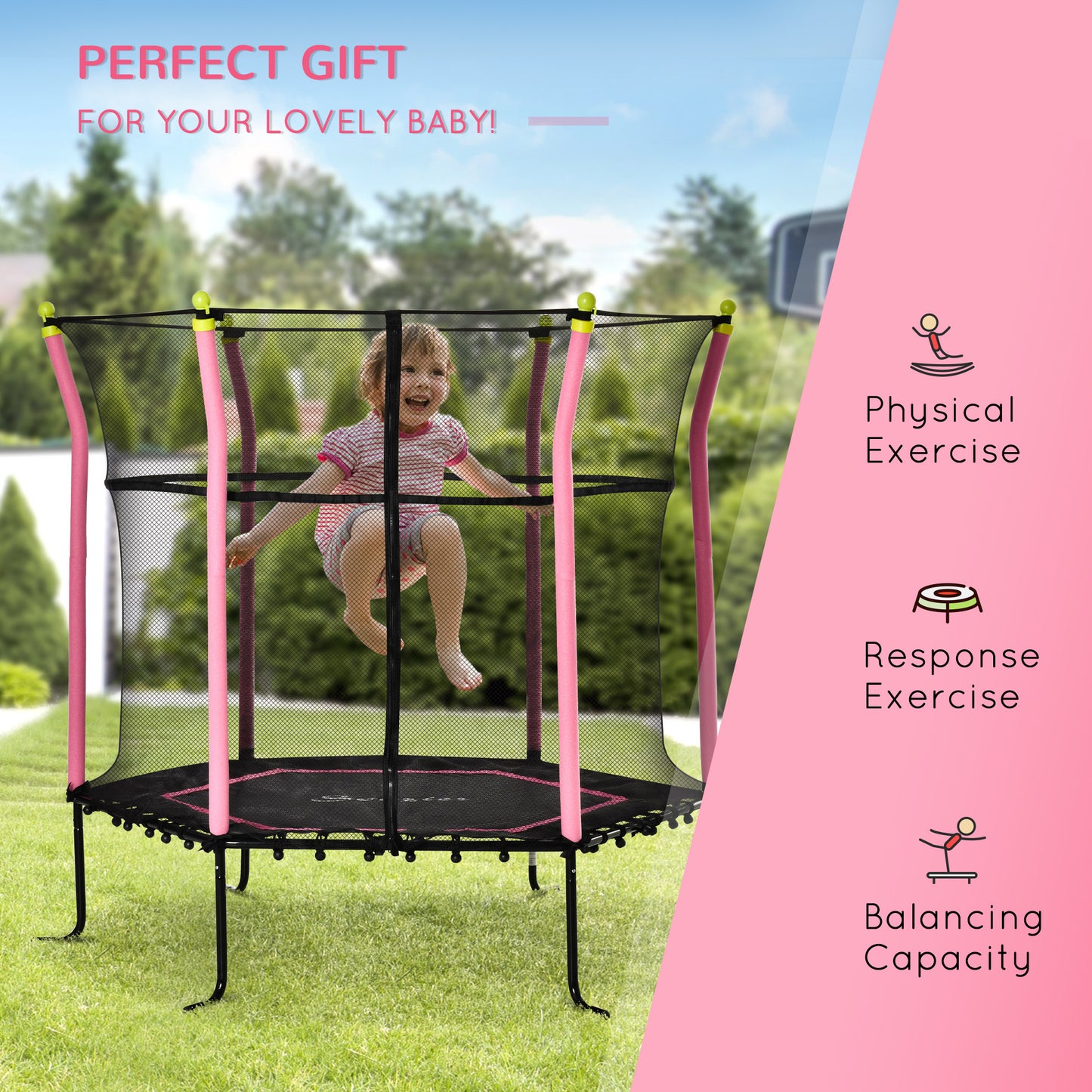 Soozier 64" Kids Trampoline Mini Indoor/Outdoor Bouncer Jumper with Enclosure Net Elastic Thick Padded Pole Gift for Child Toddler Age 3-10 Years Old Pink