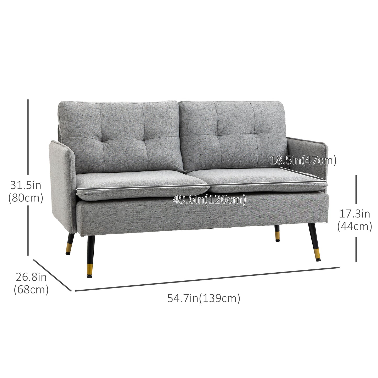 HOMCOM 55" Loveseat Sofa for Bedroom, Modern Love Seats Furniture with Button Tufting, Upholstered Small Couch for Living Room, Small Space, Grey