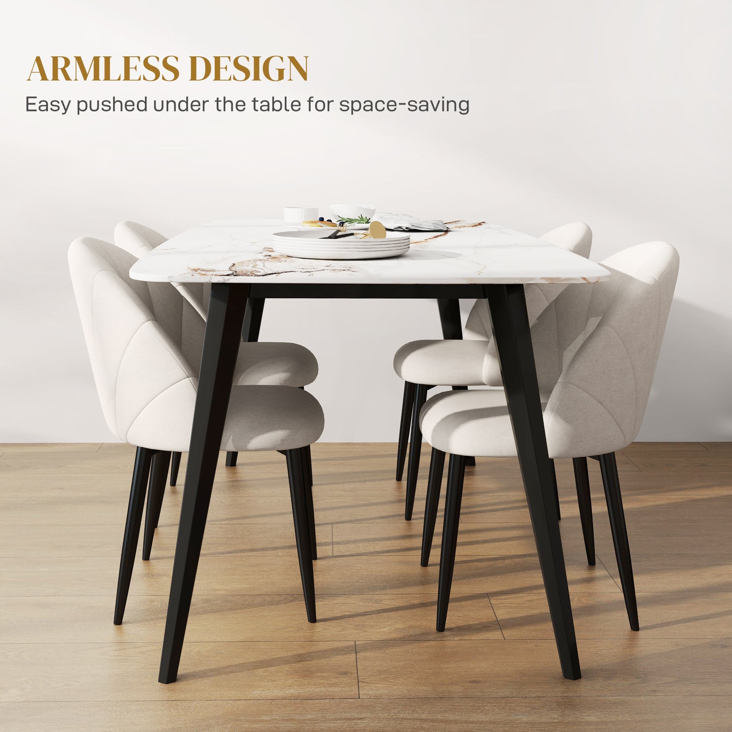 HOMCOM Modern Dining Chairs Set of 4, Upholstered Dining Room Chairs with Metal Legs, Shell Backrest, Padded Seat, Cream White