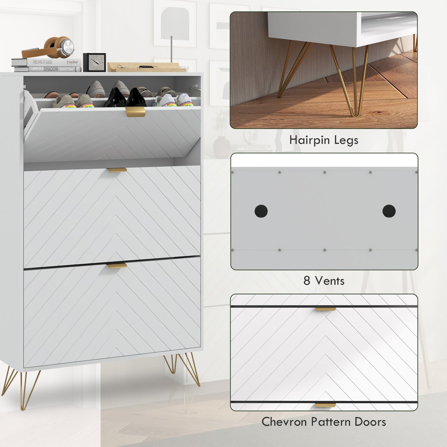 HOMCOM Modern Shoe Storage Cabinet with 3 Flip Drawers for 18 Pairs, Narrow Shoe Organizer for Entryway, Hallway, White
