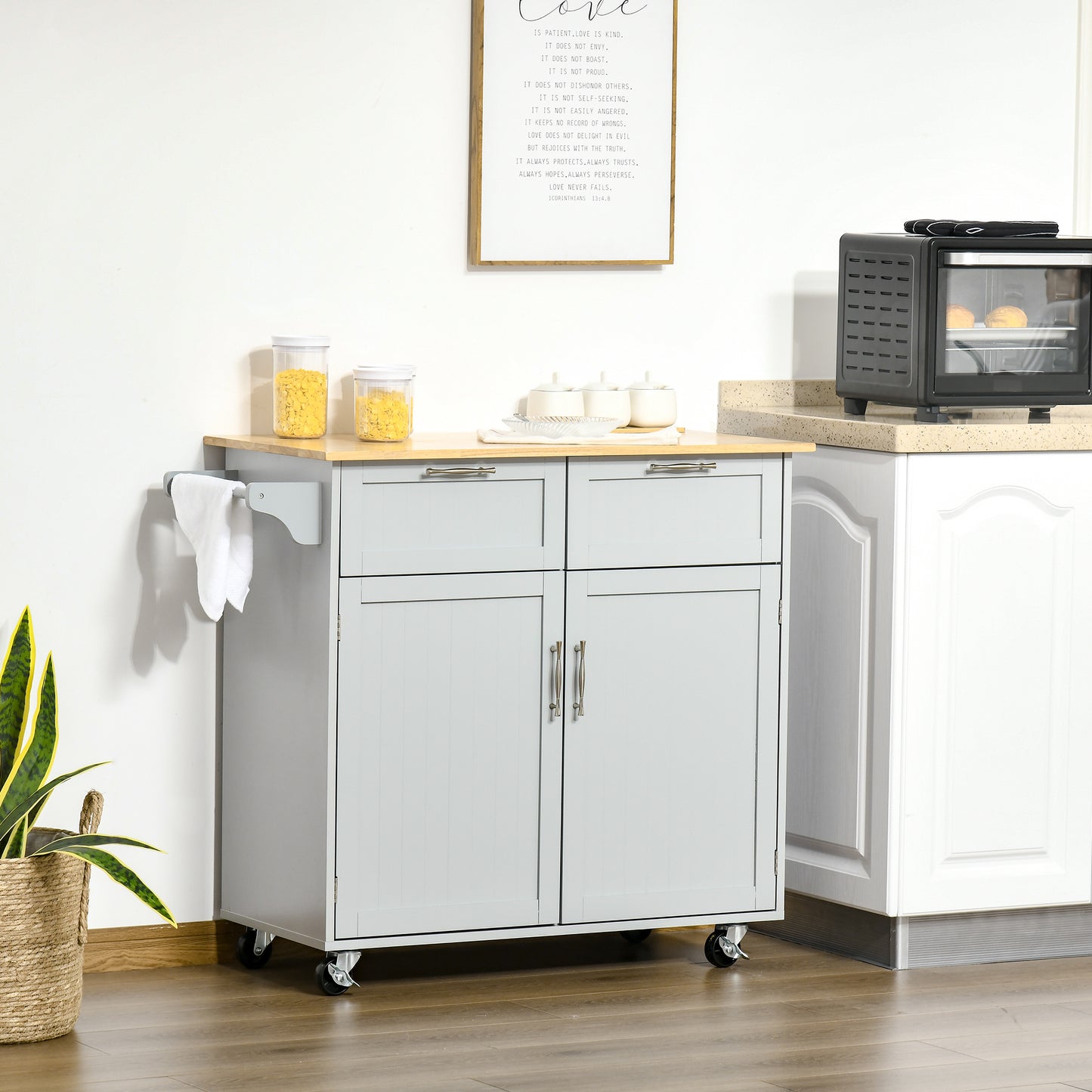 HOMCOM Rolling Kitchen Island with Storage Drawers, Kitchen Cart with Rubber Wood Top, Cabinet & Towel Rack, White