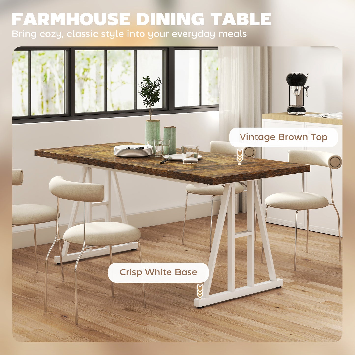 HOMCOM Farmhouse Kitchen Table for 8, Rectangular Dining Table with Thick Tabletop and Steel Trestle Legs, Brown and White