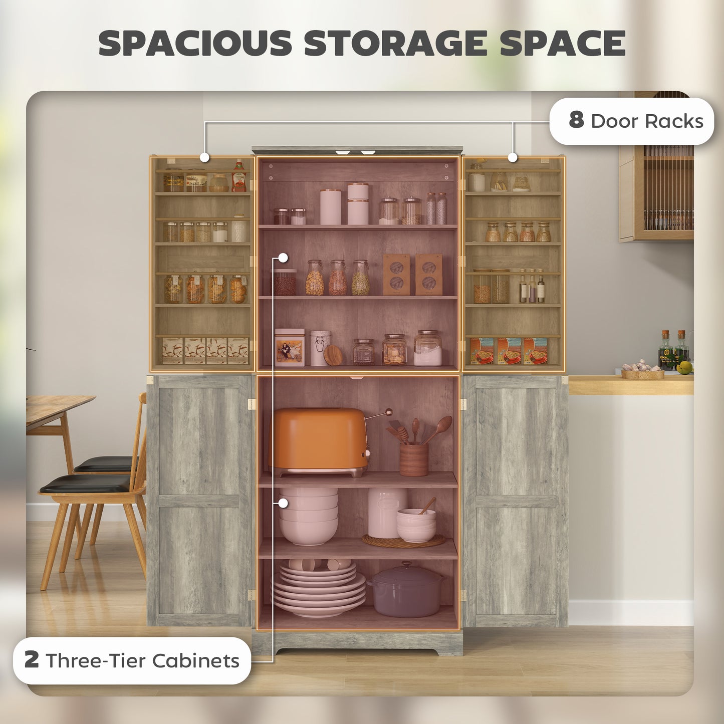 HOMCOM Farmhouse Kitchen Pantry Cabinet, Kitchen Cabinet with Barn Doors, Adjustable Shelves and Door Racks, Distressed Grey