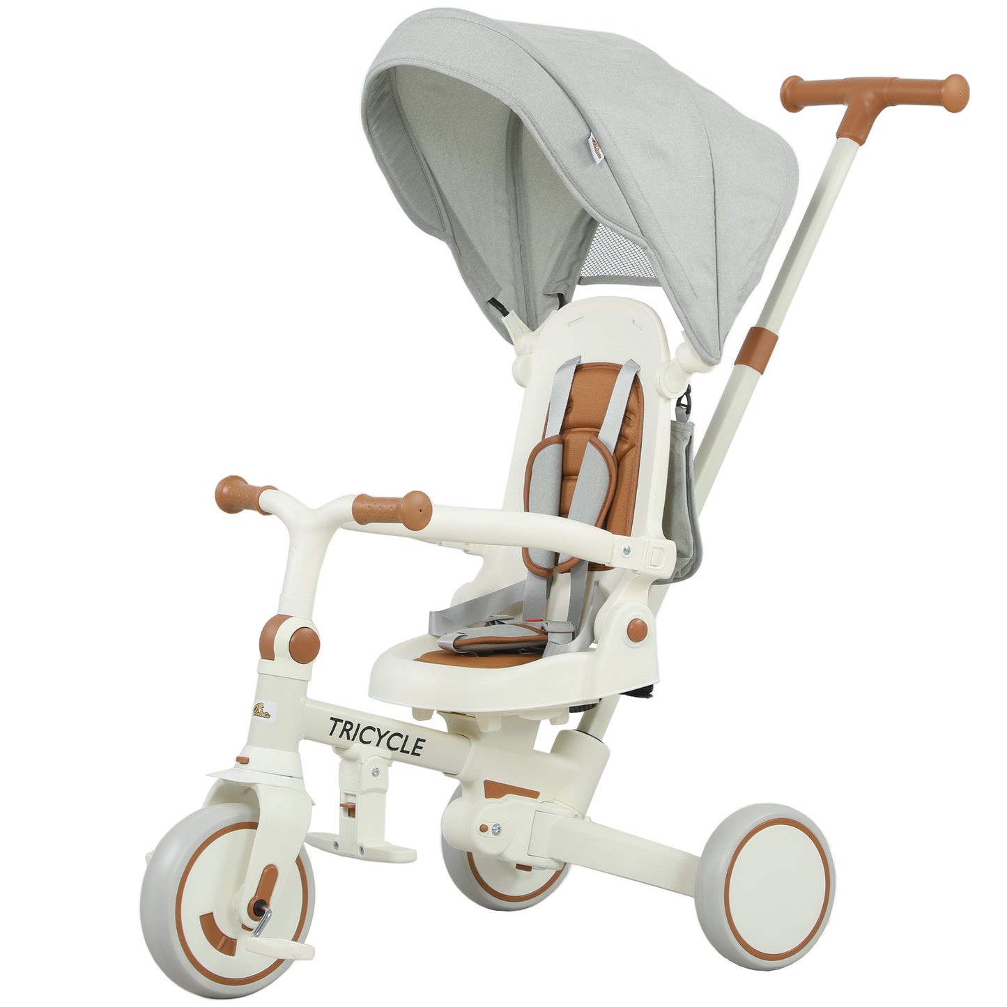 Qaba 7 in 1 Toddler Tricycle with Safety Harness, Adjustable & Removable Parent Handle, Canopy, Storage Bag, Brake, Pink