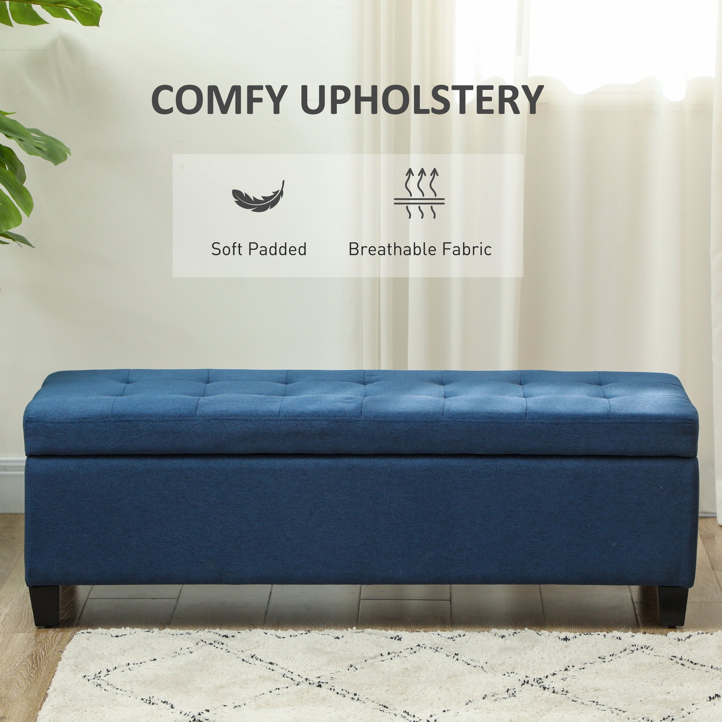 HOMCOM Rectangular Entry Bench, Tufted Upholstered Linen Fabric Wood Feet Storage Ottoman Bench, Beige