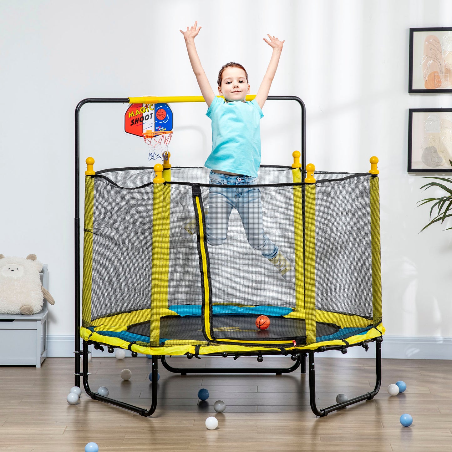 Qaba 4.6FT Trampoline for Kids with Enclosure Net for Ages 3-10, Indoor Outdoor Use, Black