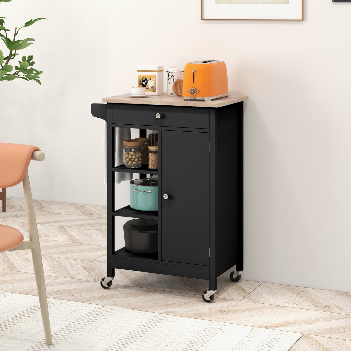 HOMCOM Modern Rolling Kitchen Island Cart with Drawer, Natural Wood Top, Towel Rack, Door Storage Cabinet, White