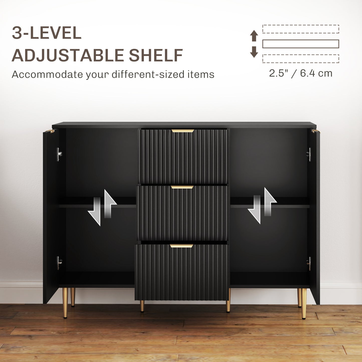 HOMCOM Modern Kitchen Storage Cabinet, Sideboard Buffet Cabinet w/ 3 Drawers and Adjustable Shelves for Kitchen Hallway, Black