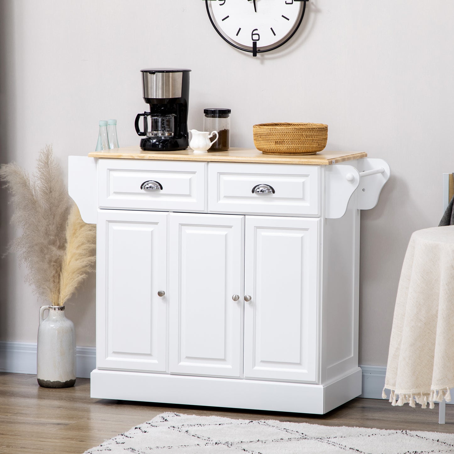 HOMCOM Kitchen Island With Storage Rolling Kitchen Serving Cart with Rubber Wood Top Towel Rack Storage Drawer Cabinet, White