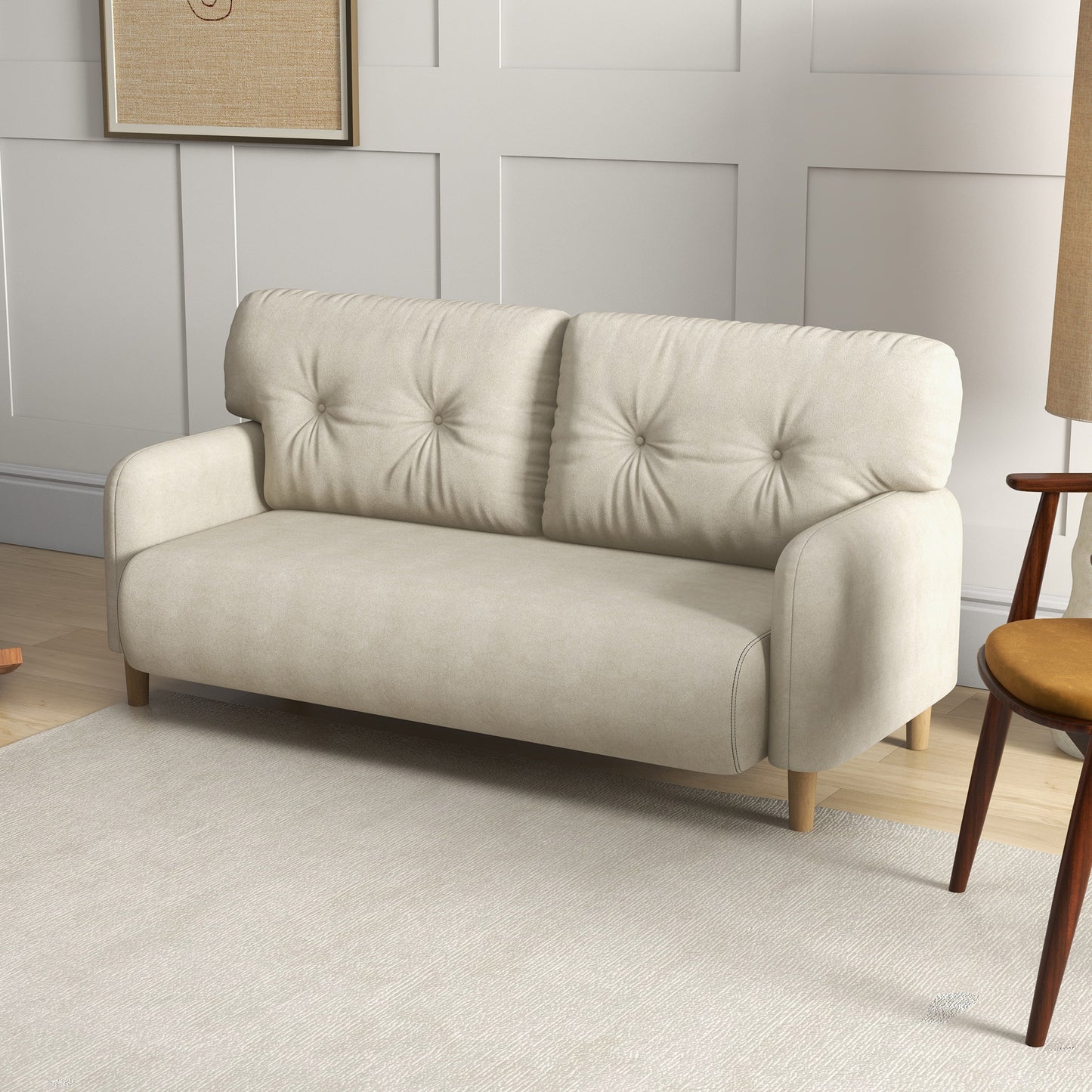 HOMCOM 58" 2 Seat Sofa, Modern Love Seats Furniture, Upholstered 2 Seater Couch, Solid Wood Frame, Beige