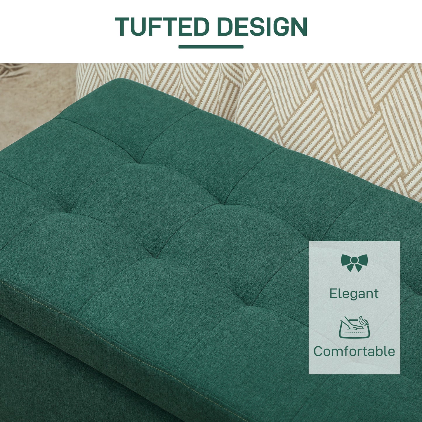 HOMCOM Rectangular Entry Bench, Tufted Upholstered Linen Fabric Wood Feet Storage Ottoman Bench, Dark Green